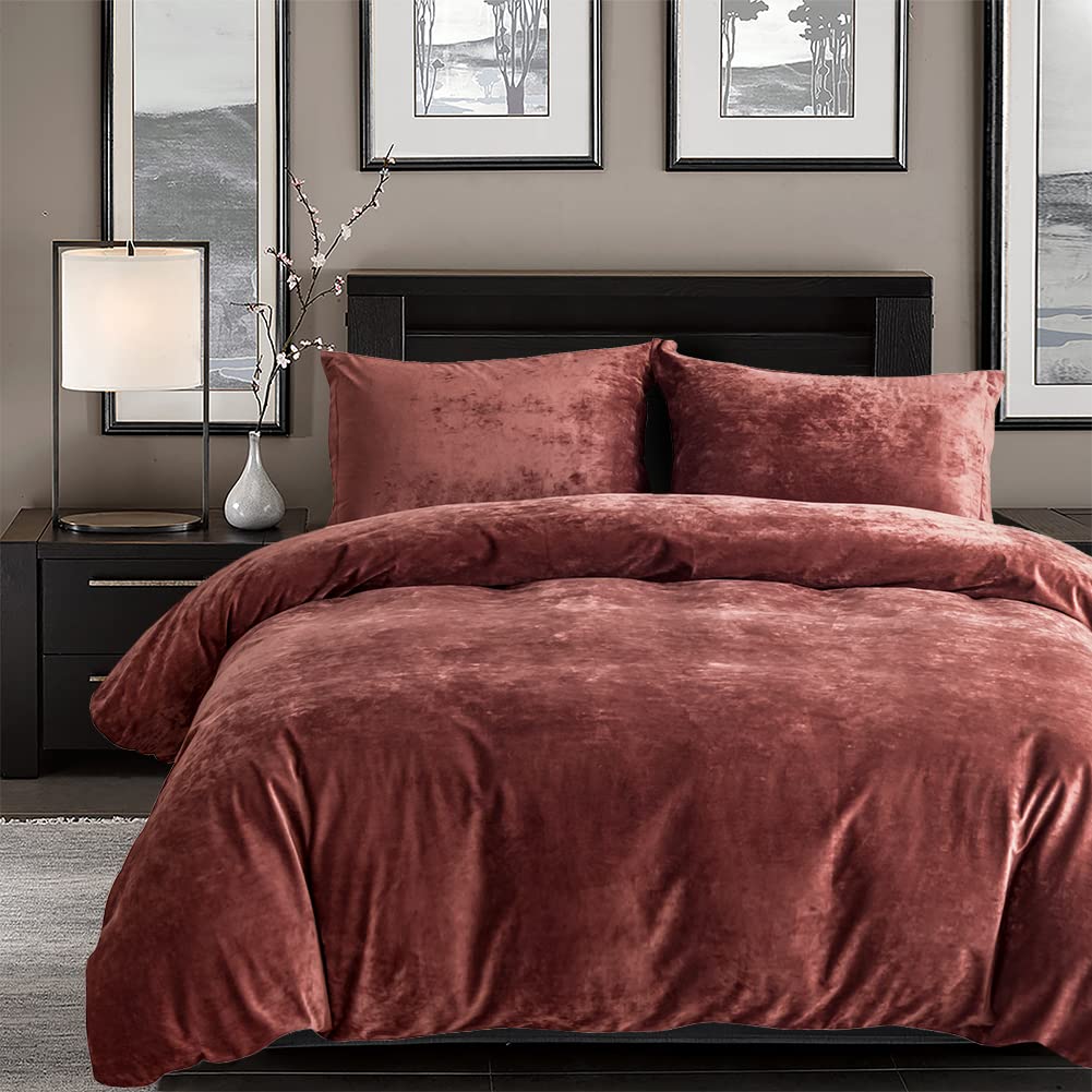 Premium Velvet Duvet Cover Set Twin Size - Ultra Soft & Luxurious Flannel Comforter Cover 2PCS with Corner Ties & Button Closure, 68” x 90” Burgundy Red - Cozy Bedding for Winter Nights & Guest Room Decor