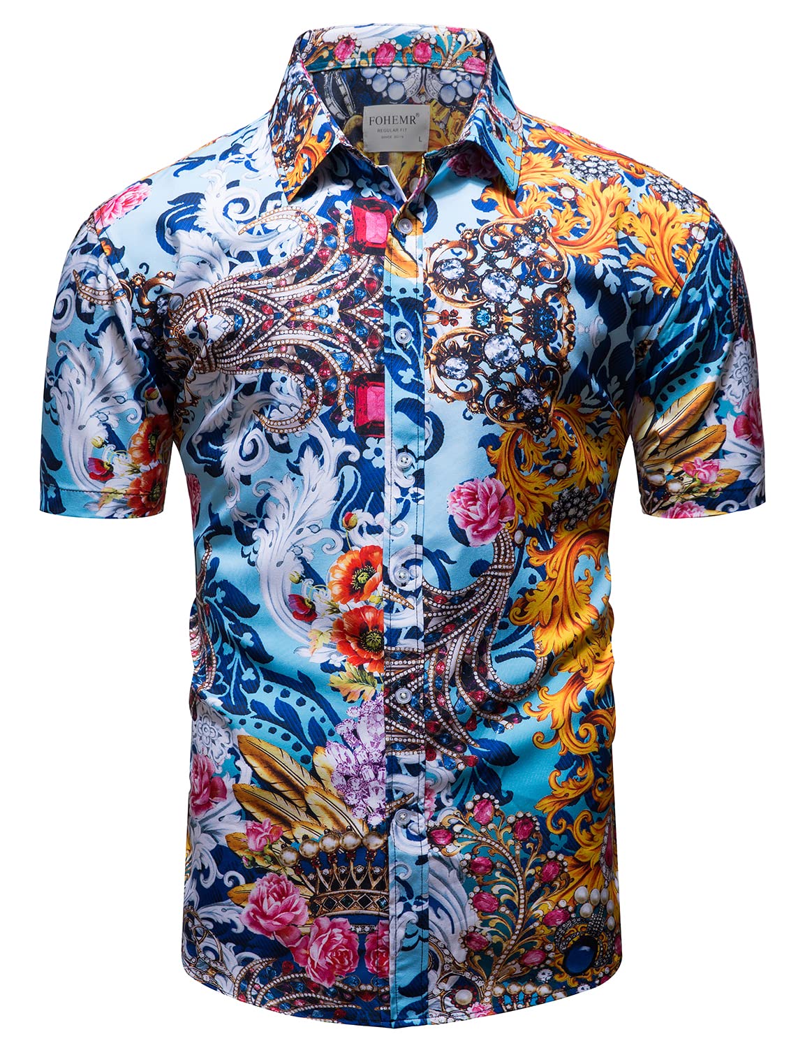 Luxury Men's Black & Gold Baroque Print Short Sleeve Dress Shirt - Chain Design Button Down Casual Shirt for Parties, Weddings & Night Out