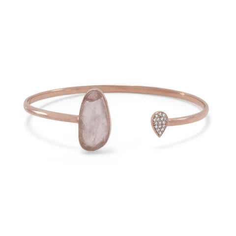 14K Rose Gold Plated Rose Quartz & Cubic Zirconia Cuff Bracelet for Women - Elegant Boho Jewelry Gift for Birthday, Anniversary & Special Occasions