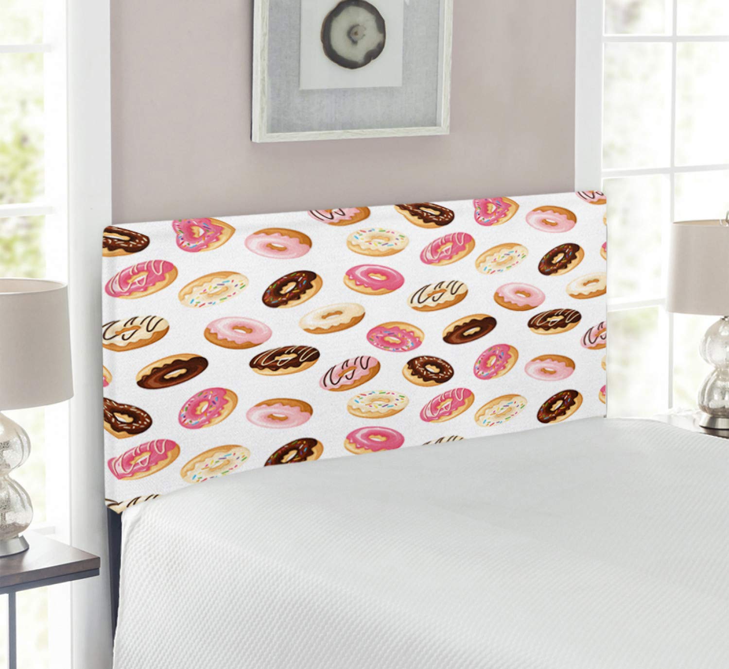 Ambesonne Food Themed Headboard - American Classic Breakfast & Dessert Donut Art Print Upholstered Metal Bed Headboard with Memory Foam, Twin Size, Multicolor - Perfect for Kids' Rooms & Retro Themed Bedrooms