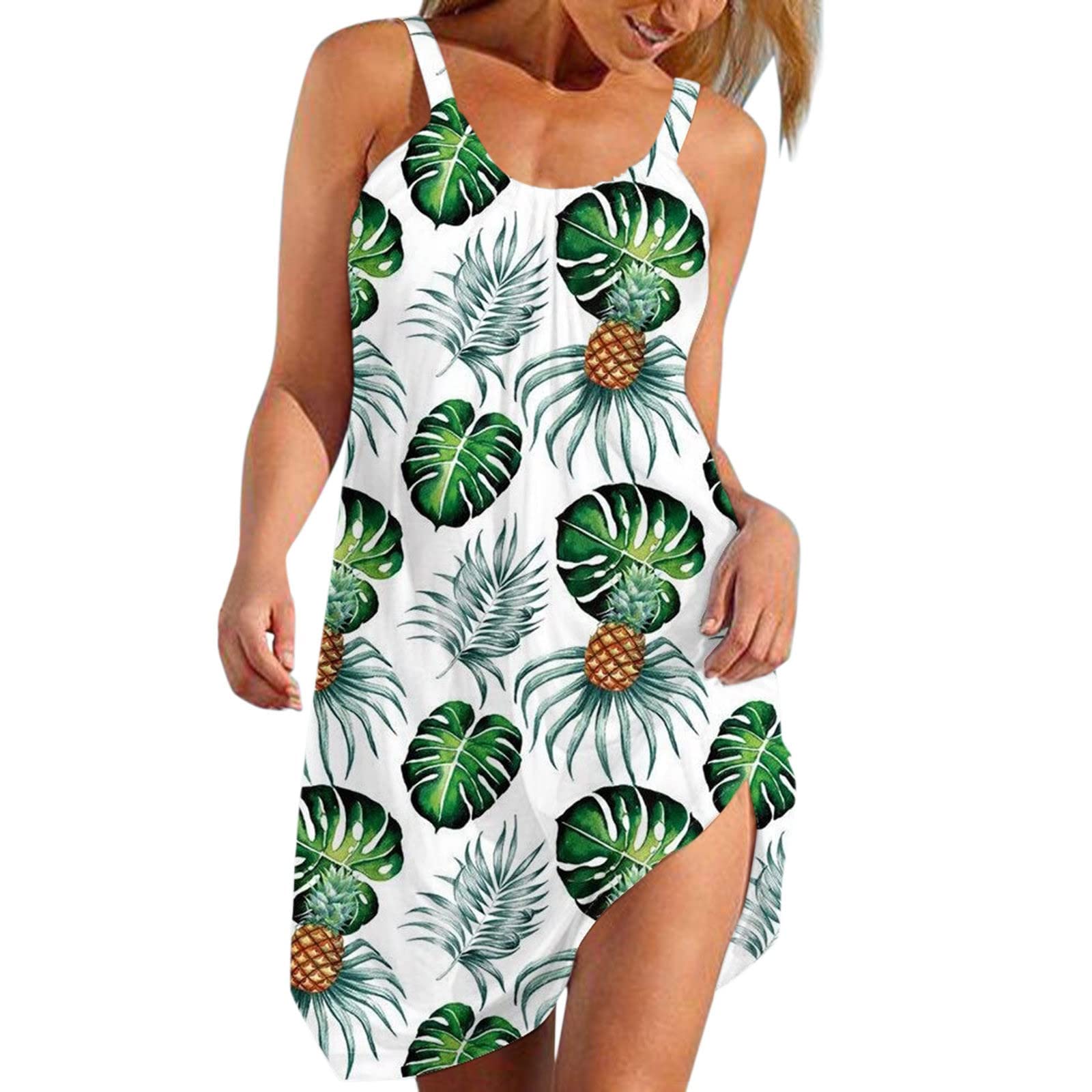 YOG Women's Summer Casual Sling Tank Dress - Hawaiian Print Loose Vacation Sundress for Beach, Pool, and Tropical Getaways | Perfect for Travel, Resort Wear, and Summer Outings