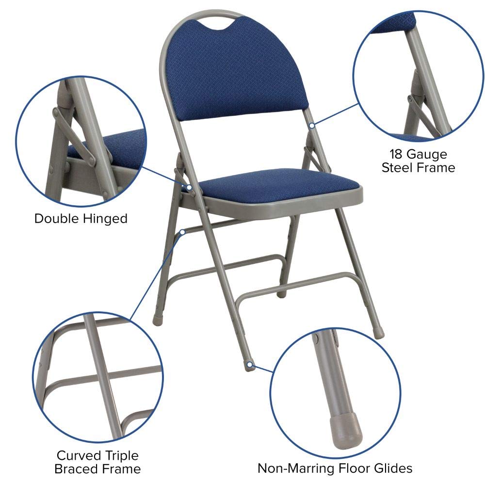 Flash Furniture 2-Pack HERCULES Series Heavy Duty Folding Chairs - Navy Blue Fabric & Triple-Braced Metal Frame with Carry Handle - Perfect for Events, Parties, Weddings & Home Use