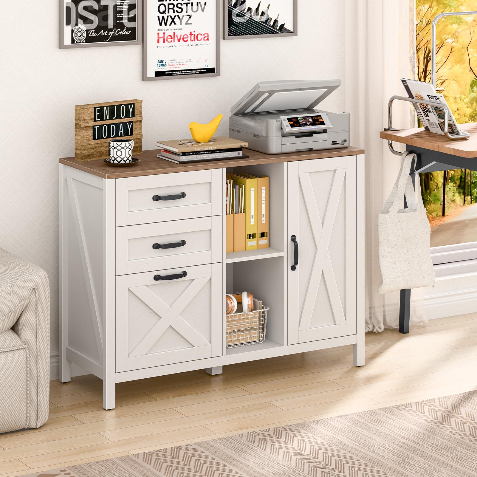 3-Drawer Lateral File Cabinet with Door & Adjustable Shelf - Farmhouse Style Home Office Storage for Letter/A4 Hanging Files - White Printer Stand & Storage Cabinet for Home, Office, or Study Room Organization