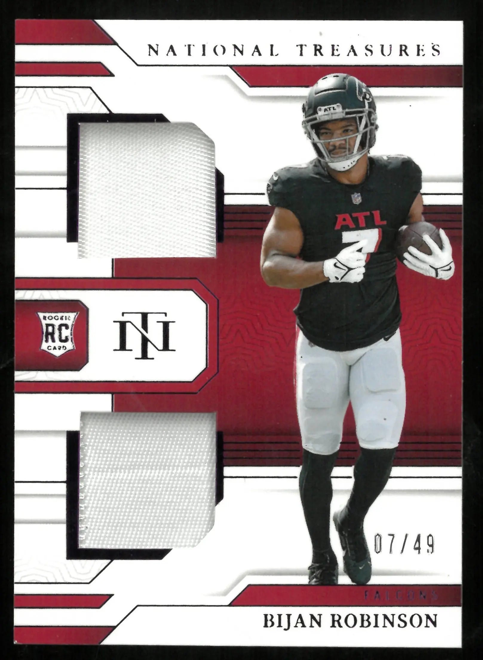 2023 Panini National Treasures Bijan Robinson Rookie Card Purple Dual Patches 7/49 - NFL Collectible for Fans & Investors, Perfect for Display & Trading