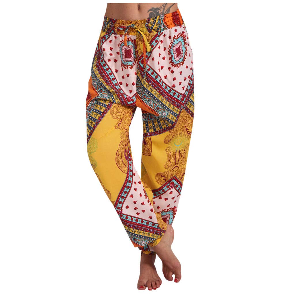 Women's Casual Elastic Waist Printed Straight Leg Loose Fit Drawstring Pants - Petite & Regular Sizes - Perfect for Work, Office & Everyday Wear