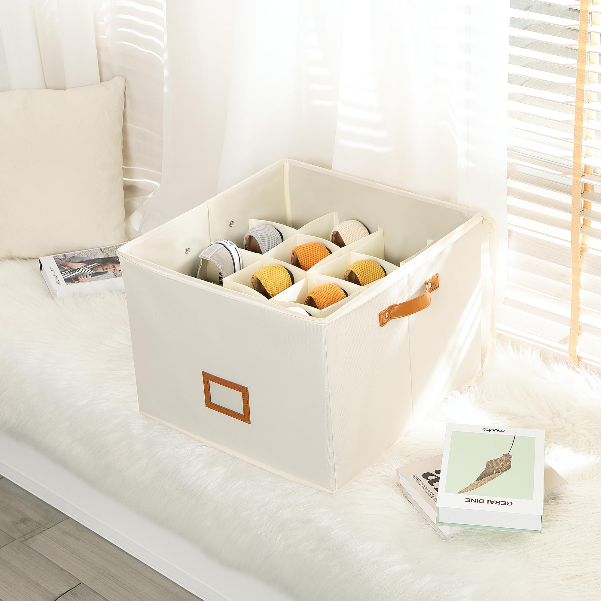 Delamu Fabric Shoe Organizer Box with Clear Cover - Adjustable Dividers, Foldable Space-Saving Design for Closet Storage - Perfect for Sneakers, Heels & Boots - Beige 1-Pack - Ideal for Bedroom, Entryway & Dorm Organization