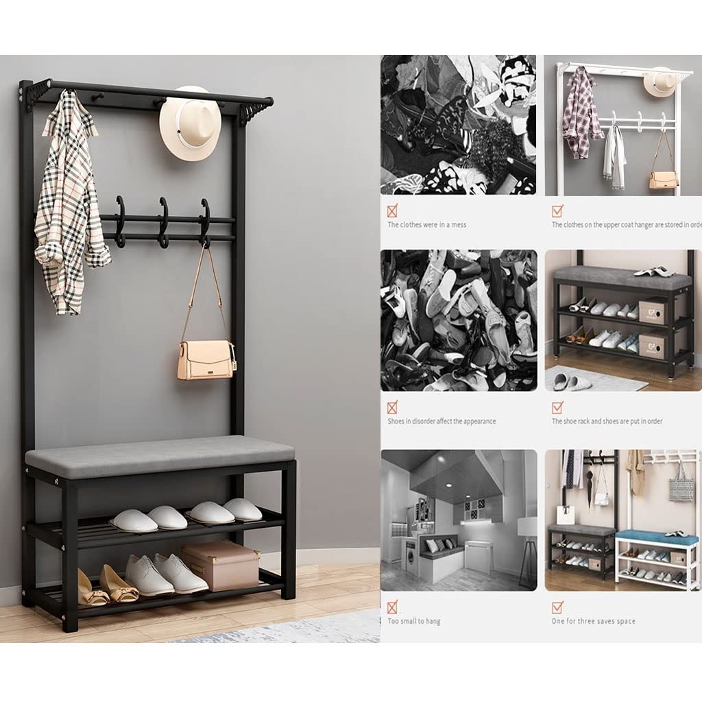 Free Standing Hall Tree with 9 Hooks & 2-Tier Shelves - Coat Rack Shoe Bench for Entryway, Bedroom, Living Room - Sturdy Metal Frame (Black, 100x33x170cm) - Perfect for Organizing Jackets, Shoes & Accessories in Small Spaces