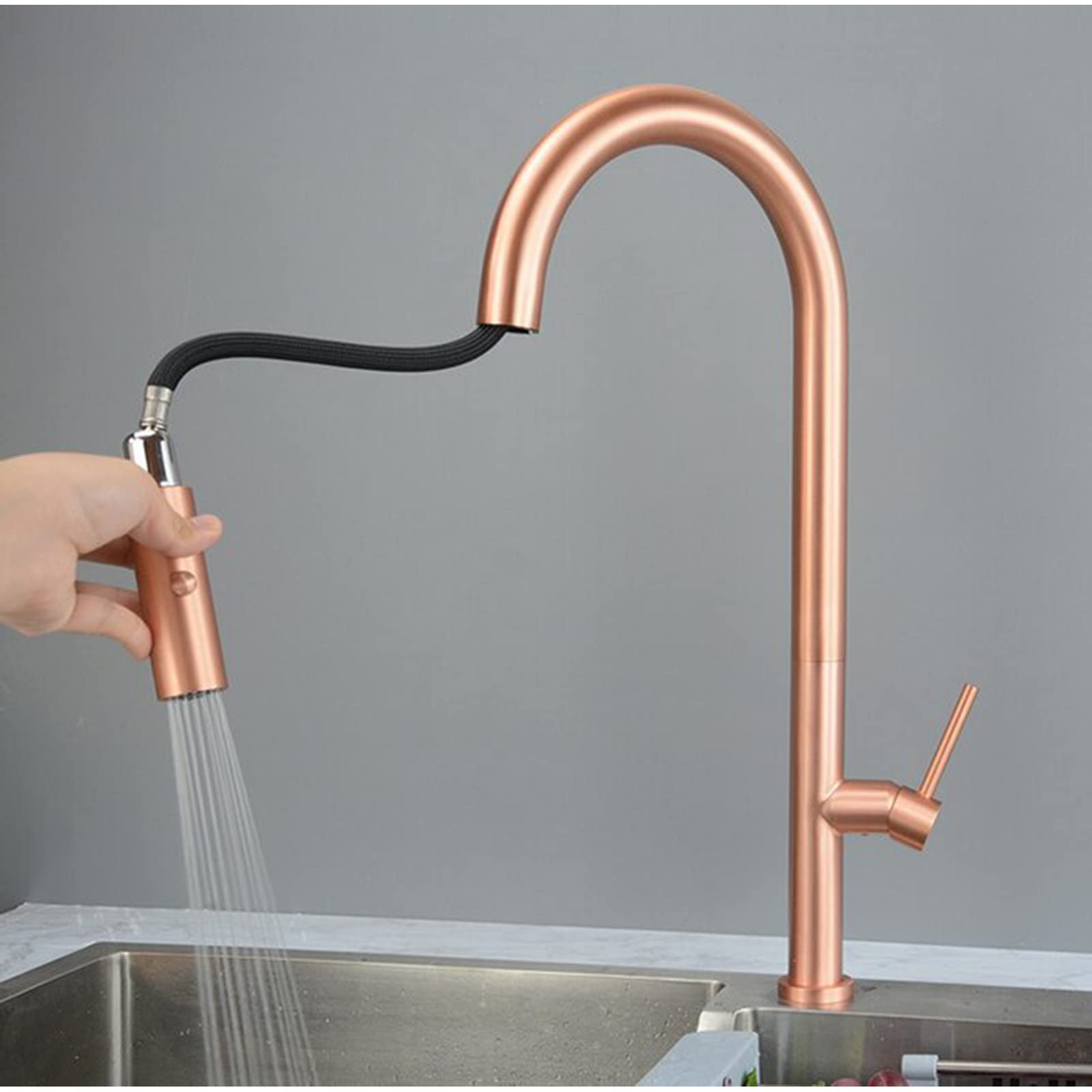 **Rose Gold Pull-Down Kitchen Faucet with Sprayer - Stainless Steel Modern Commercial Sink Faucet, Hot & Cold Water Deck Mounted Tap - Perfect for Home, Restaurant & Office Kitchens**