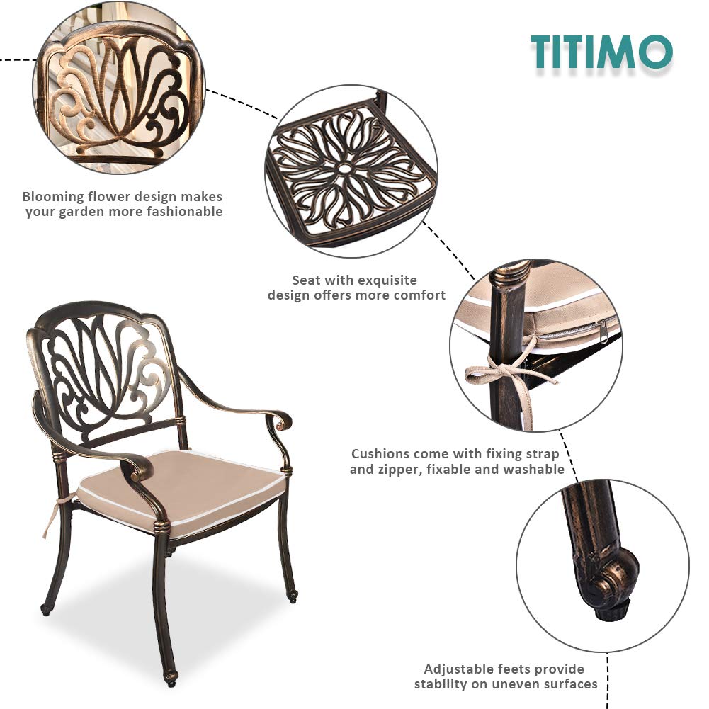 TITIMO 3-Piece All-Weather Outdoor Patio Dining Set - Cast Aluminum Round Table & Chairs with Cushions & Umbrella Hole - Perfect for Garden, Deck, Backyard & Poolside Relaxation (Khaki)