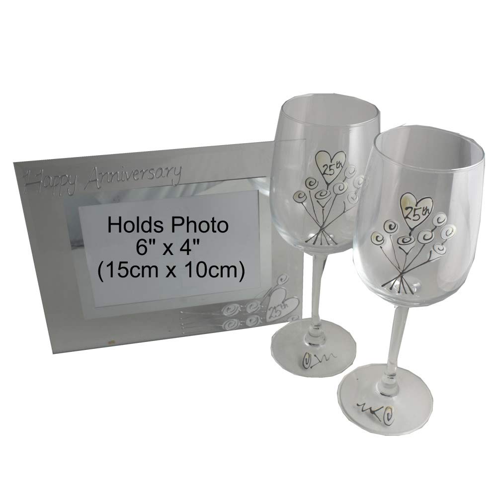Dreamair 25th Silver Wedding Anniversary Gift Set - Elegant Wine Glasses & Photo Frame for Couples | Romantic Anniversary Gift Idea for Husband Wife | Perfect for Anniversary Celebrations, Parties & Home Decor