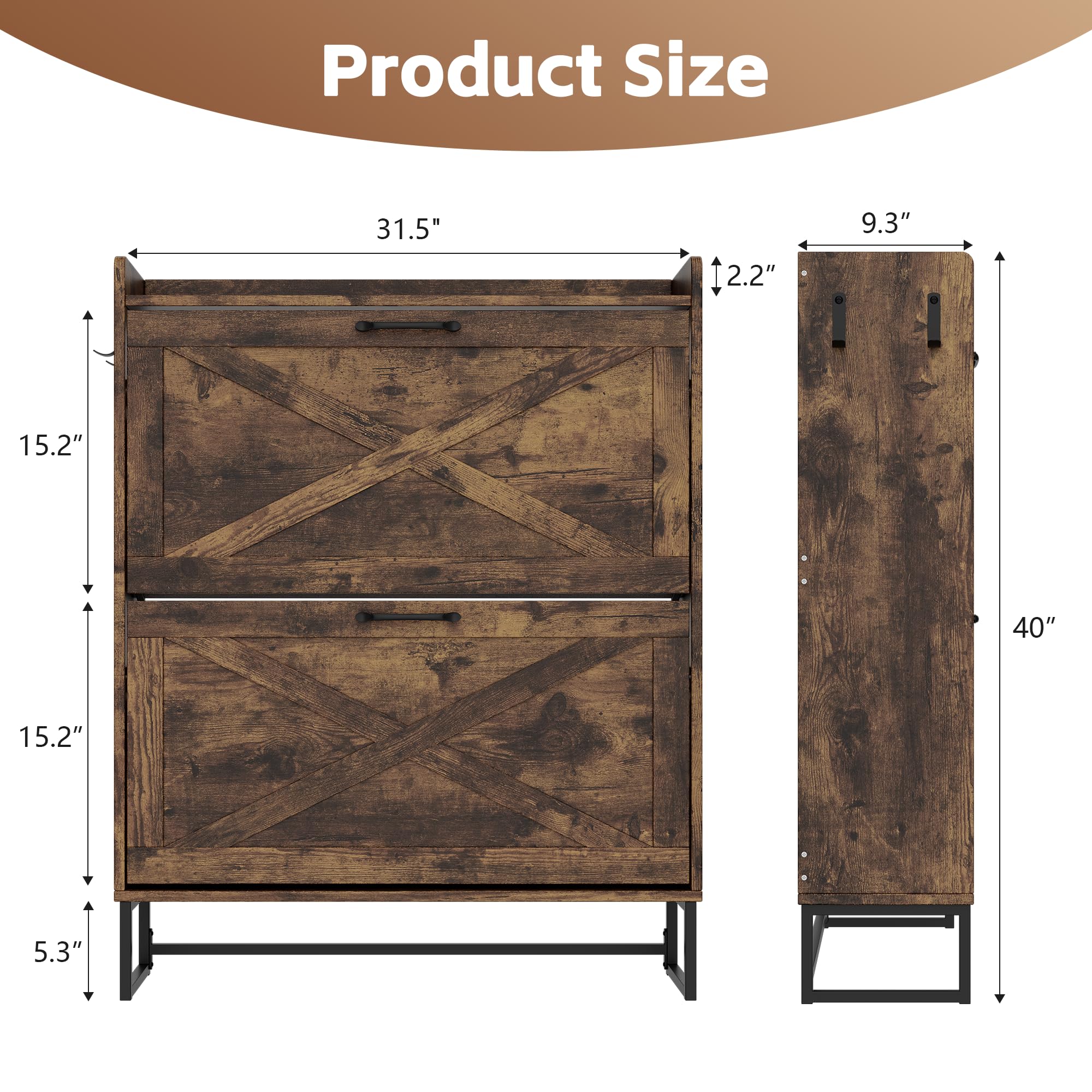 Hidden Shoe Storage Cabinet with 2 Rattan Flip Drawers & Adjustable Shelves - Entryway Shoe Organizer for Hallway, Closet | Space-Saving Shoe Rack for Small Apartments & Mudrooms