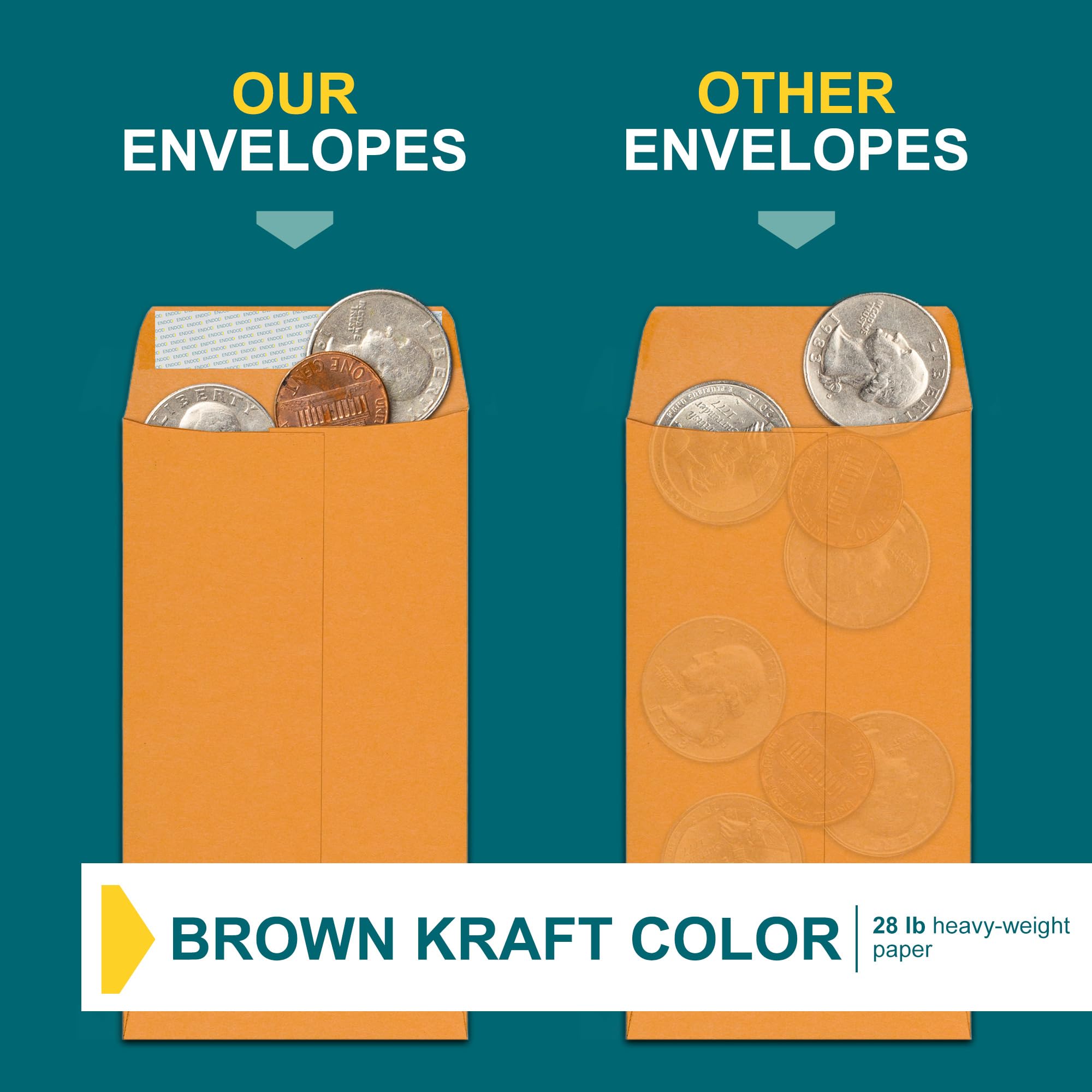500 Pack Brown Self Seal Money Envelopes - 28lb Peel & Seal Coin Envelopes for Cash, Credit Cards, Gift Cards, Storage & Seeds - Small Business & Home Office Use