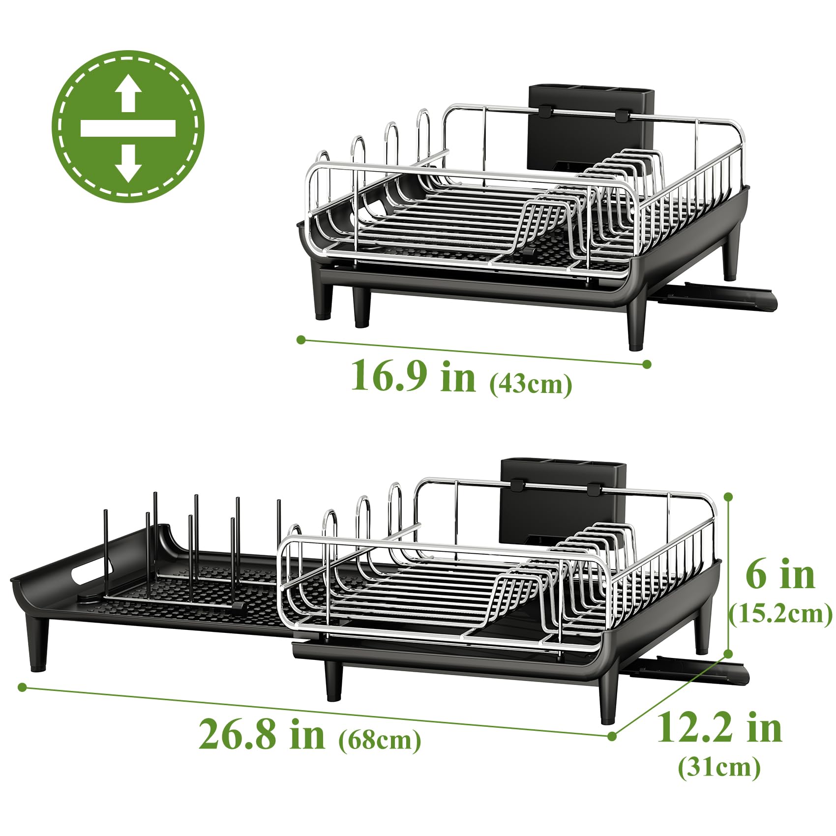 Expandable Dish Drying Rack for Kitchen Counter - Large Dish Drainer with Pan Holder, Utensil Holder & Drainboard Cup Holder | Space-Saving Black Dish Rack for Small Kitchens, Apartments & Dorm Rooms