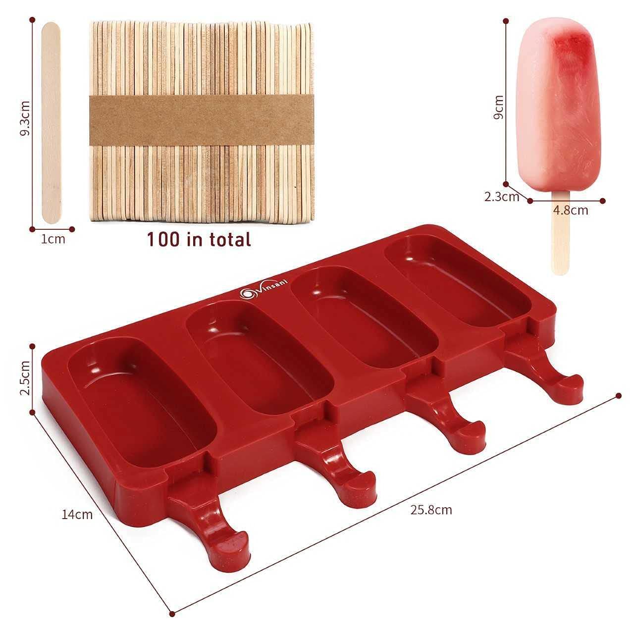 Vinsani 2-Pack Silicone Ice Lolly Molds with 100 Sticks - BPA Free, Food Grade Popsicle Makers for Homemade Frozen Treats - Perfect for Summer Snacks, Kids Parties & DIY Desserts (Red)