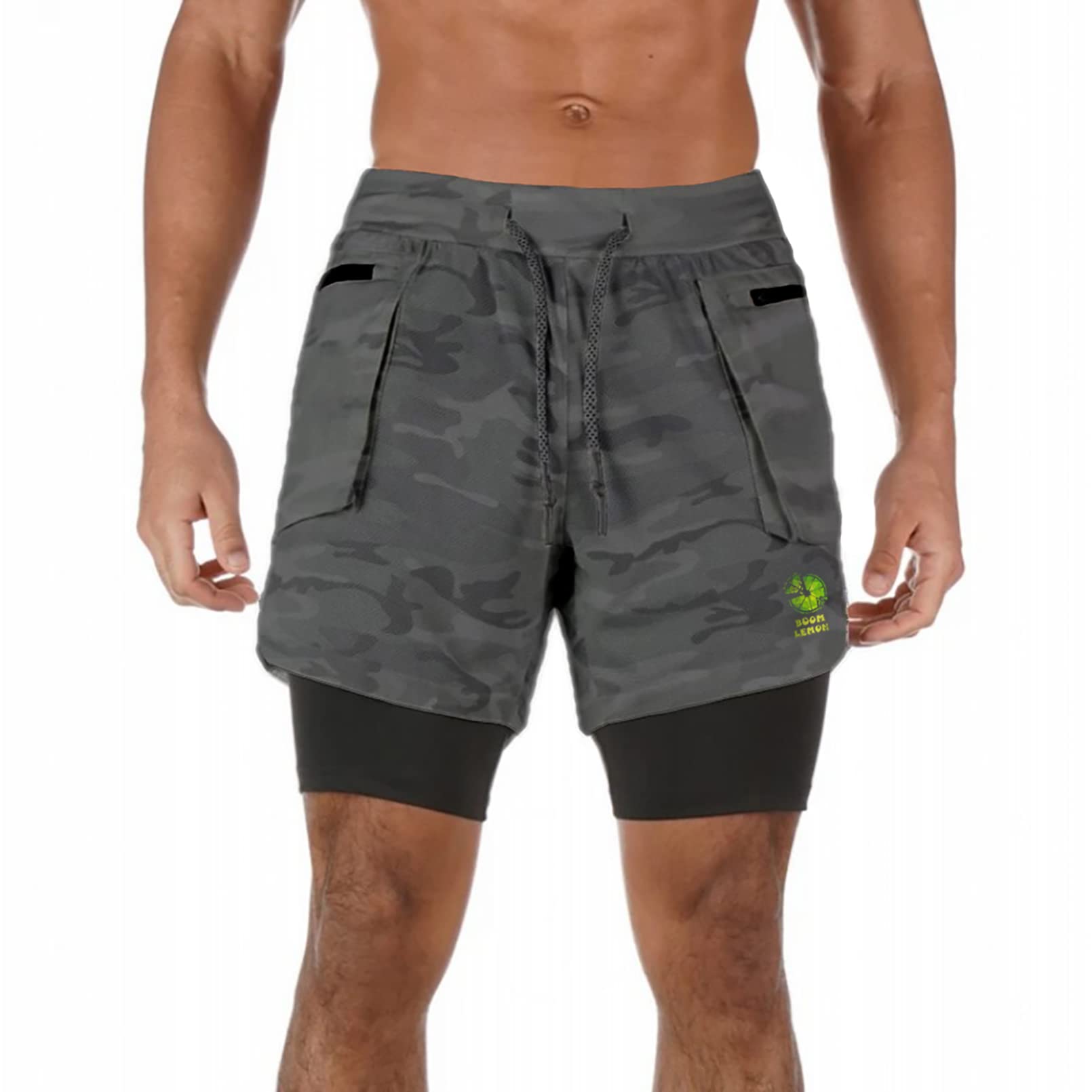 BOOMLEMON Men's 2-in-1 Running Shorts with Compression Liner - Quick Dry Gym Workout Shorts with Zip Pocket for Jogging, Training & Outdoor Sports