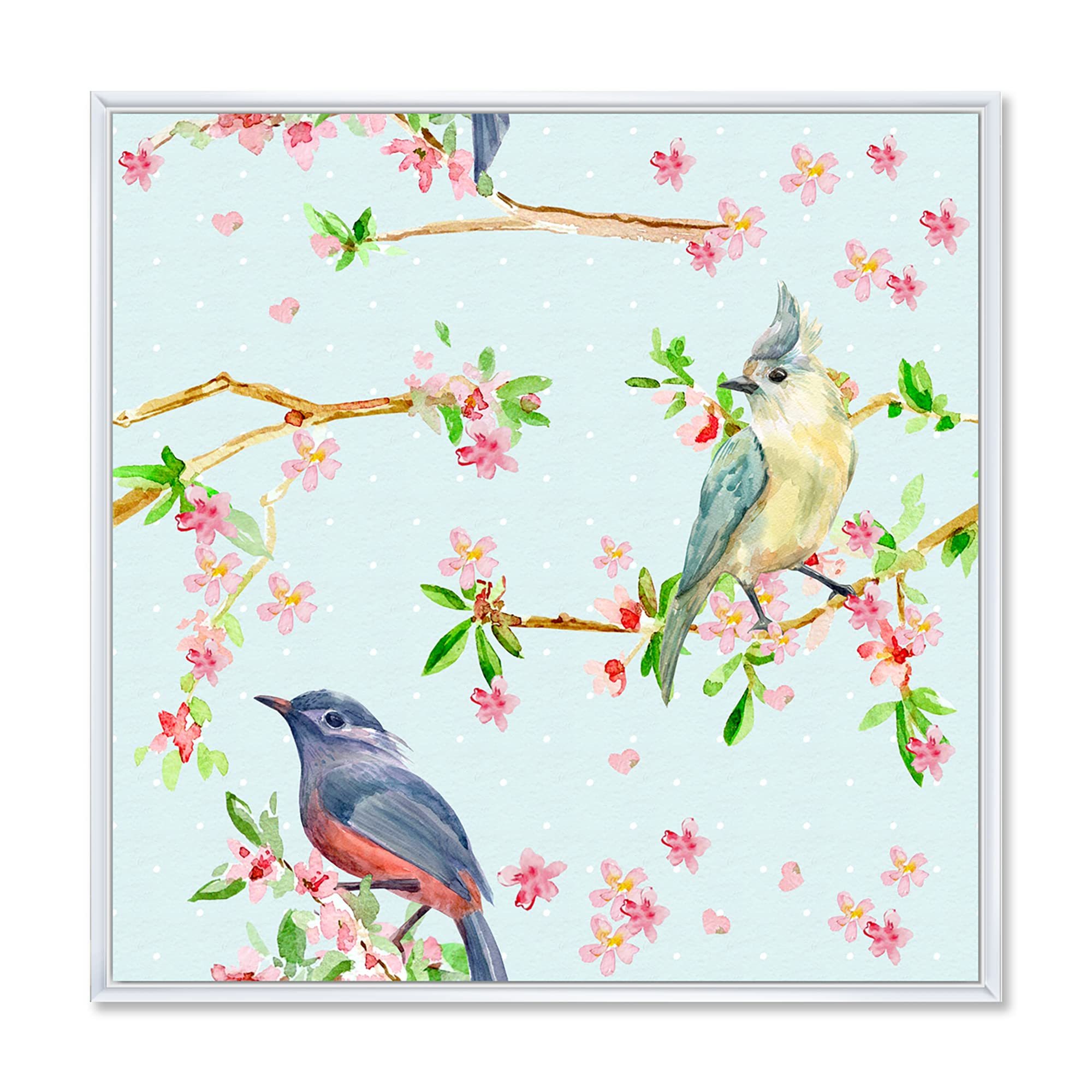 Blue Flowers and Birds Traditional Framed Canvas Wall Art Print - Elegant Home Decor for Living Room, Bedroom & Office