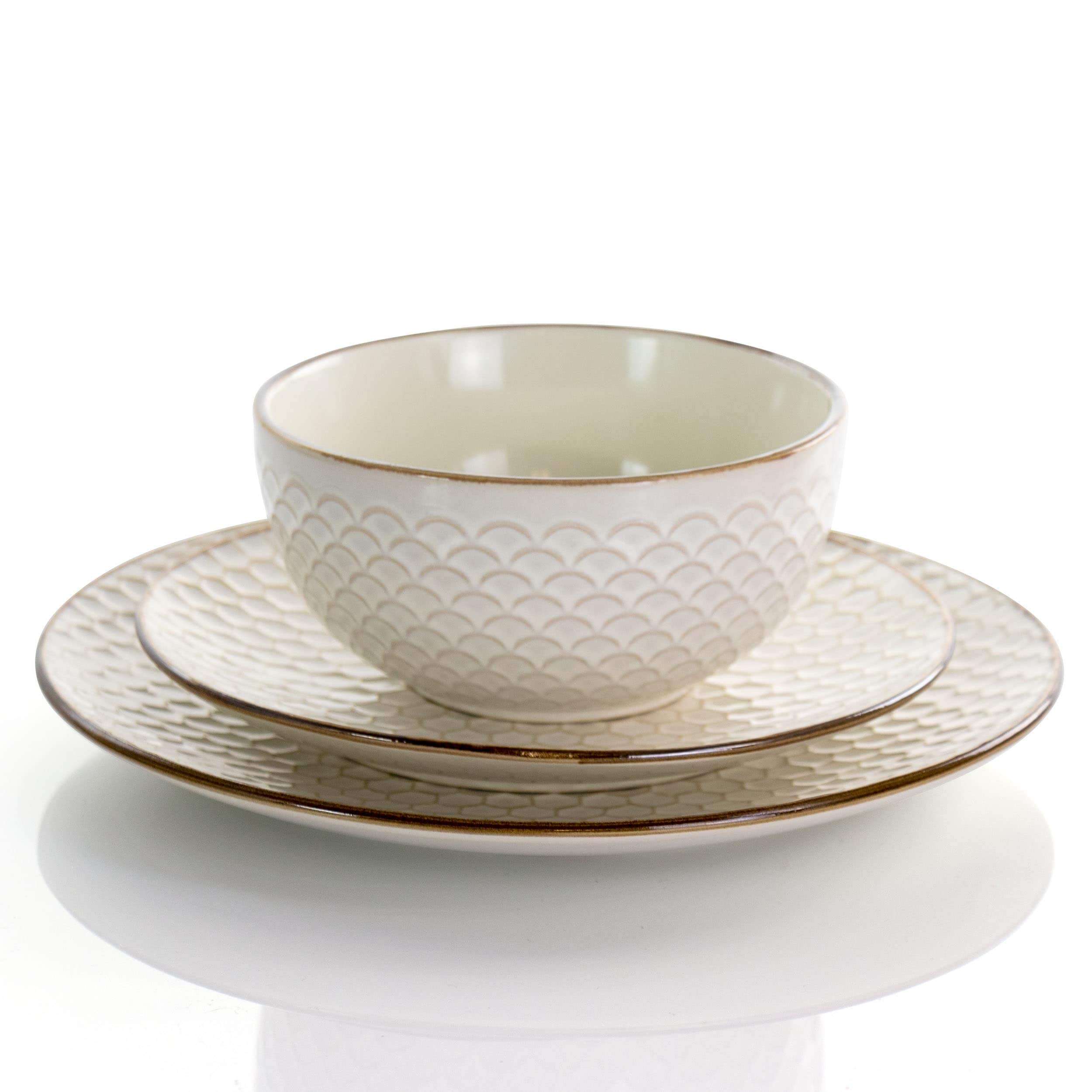 UKN Honey Ivory 16-Piece Stoneware Dinnerware Set - Textured Casual Round Plates, Bowls & Mugs - Dishwasher & Microwave Safe - Perfect for Family Dinners, Parties & Everyday Use