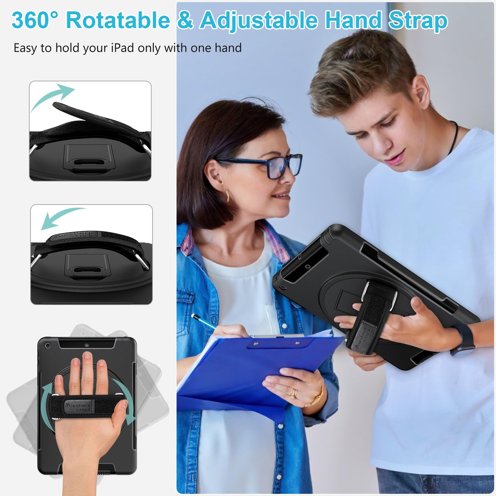 Premium Shockproof iPad Case for iPad 6th/5th Gen & iPad Air 2 (9.7 Inch 2018/2017 Models) - Heavy Duty TPU Protective Cover with Built-in Stand, Handle, Shoulder Strap & Apple Pencil Holder - Perfect for Work, Travel and School Use - Black