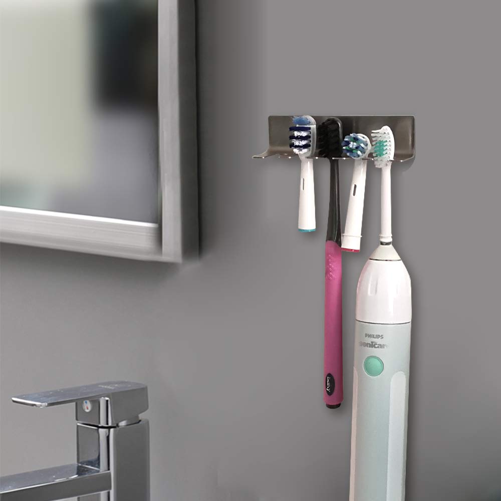 Stainless Steel Wall Mounted Toothbrush Holder - No Drill 3M Adhesive Bathroom Organizer for Toothbrushes & Razors - Perfect for Small Spaces, Apartments, and Travel