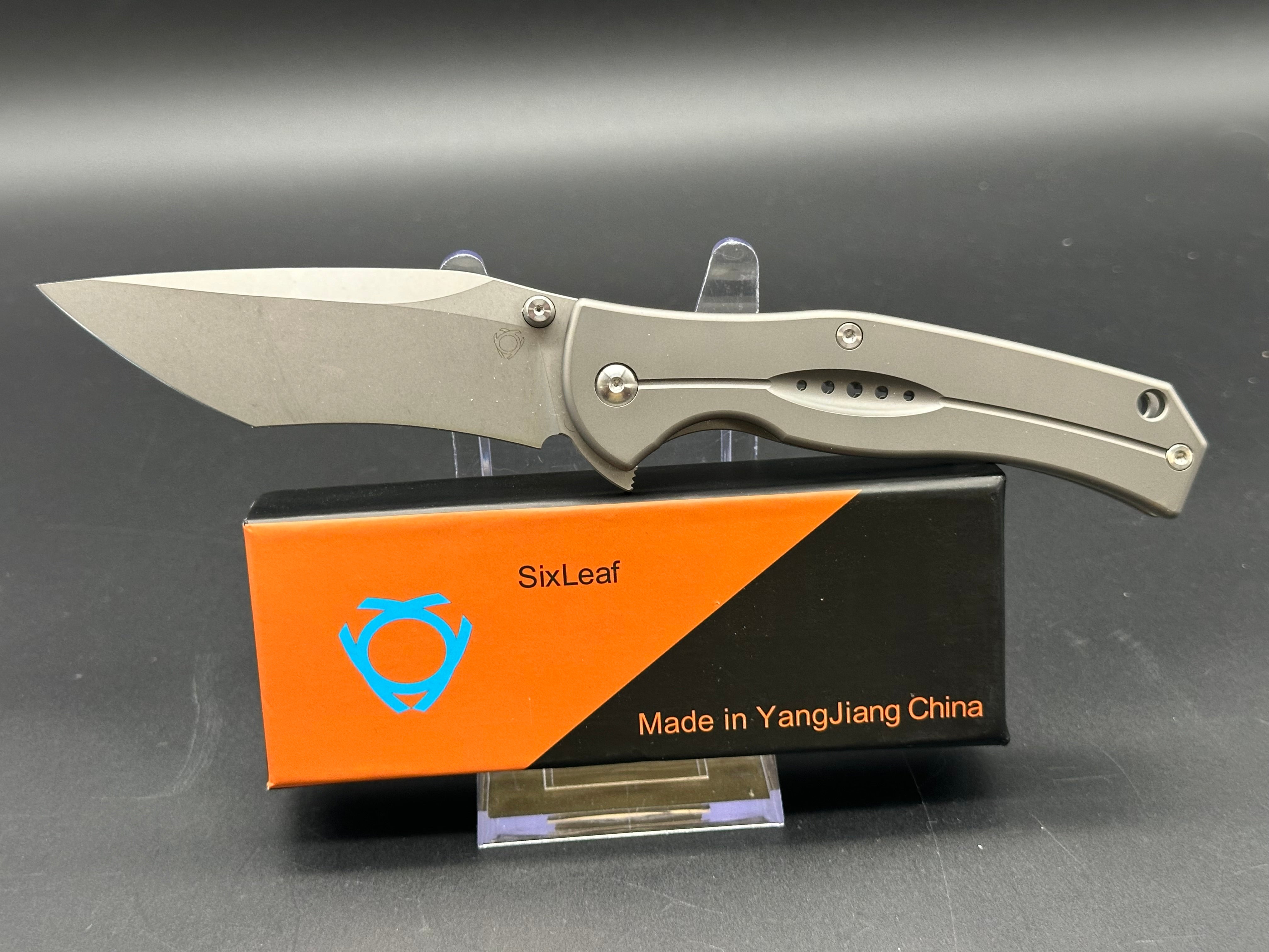 SixLeaf Flipper Folding Knife - Gray Titanium Handle, D2 Steel Plain Edge, SL-17 | EDC Pocket Knife for Outdoor, Camping & Everyday Carry