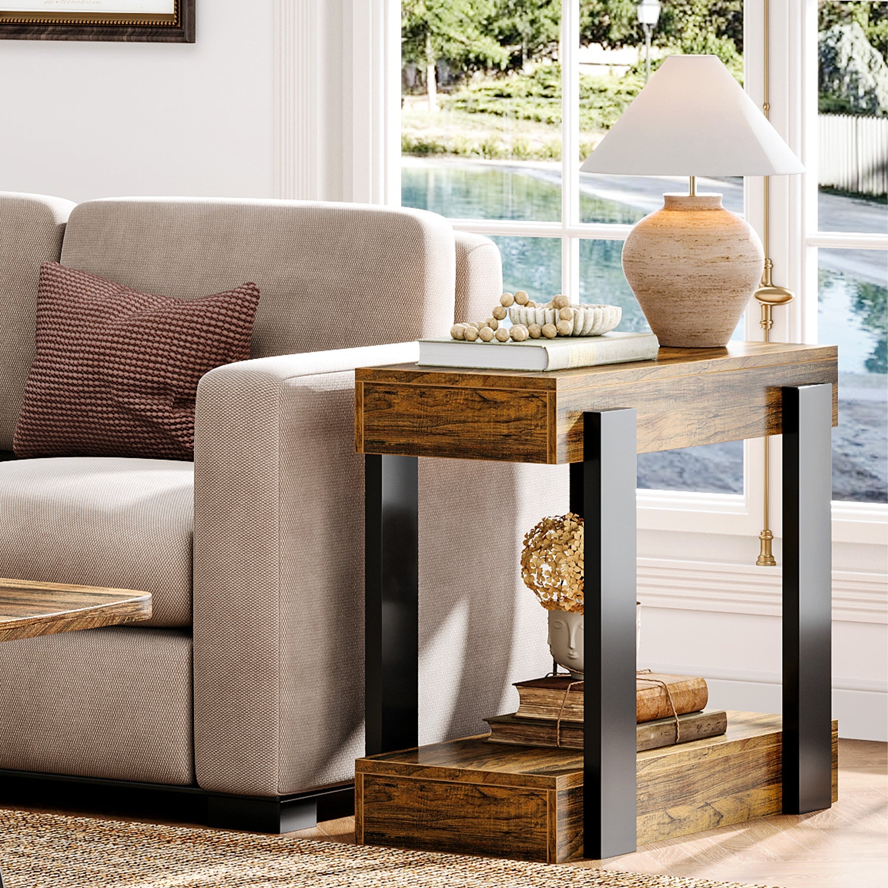 2 Tier Wooden End Table - Rustic Farmhouse Side Table for Living Room, Bedroom, or Office - Perfect for Storage and Decor