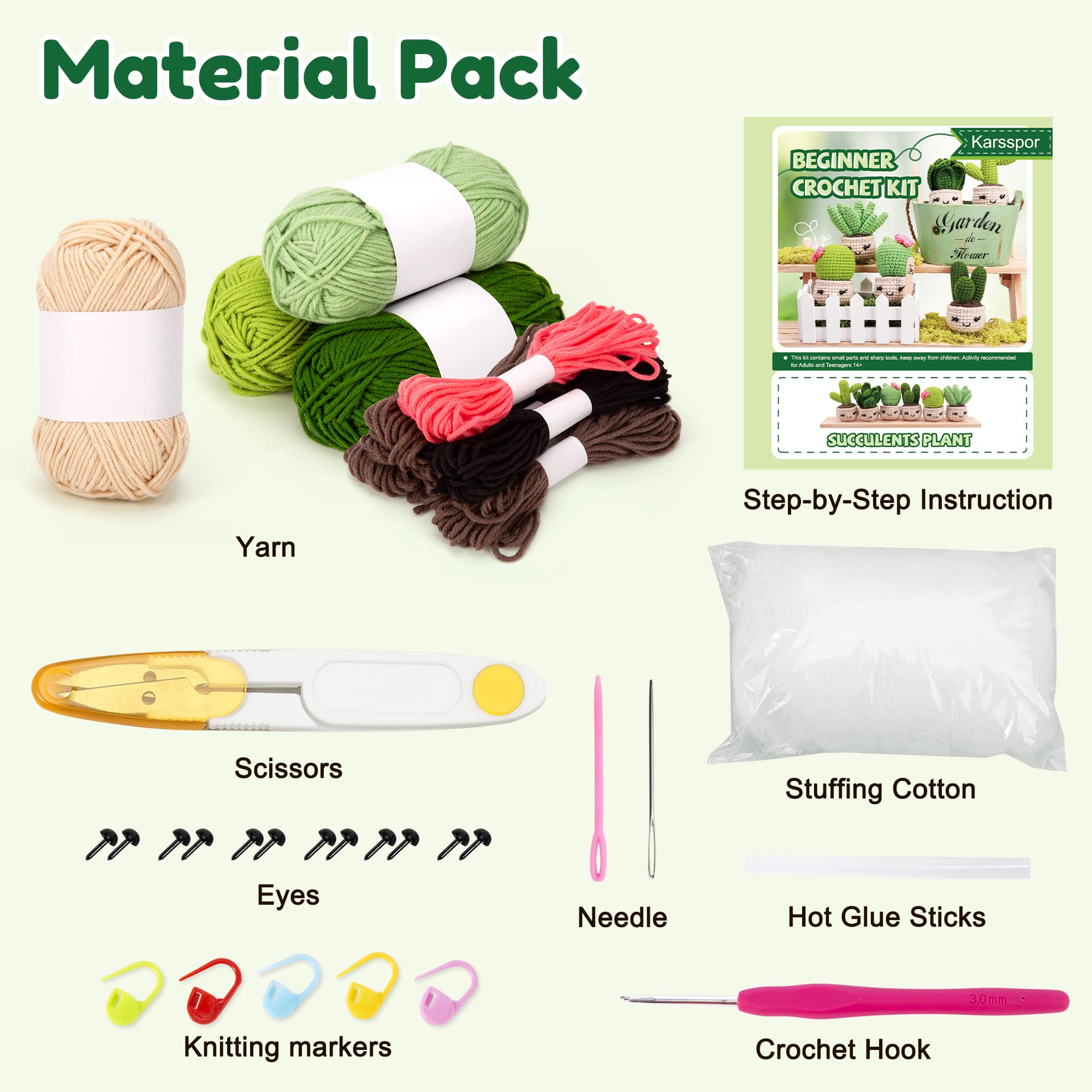 Karsspor Beginner Crochet Kit for Adults - 6 Piece Succulent Crochet Set with Step-by-Step Instructions & Video Tutorials | Complete DIY Crochet Starter Kit for Beginners (Patented) | Perfect for Home Decor, Gifts & Relaxation