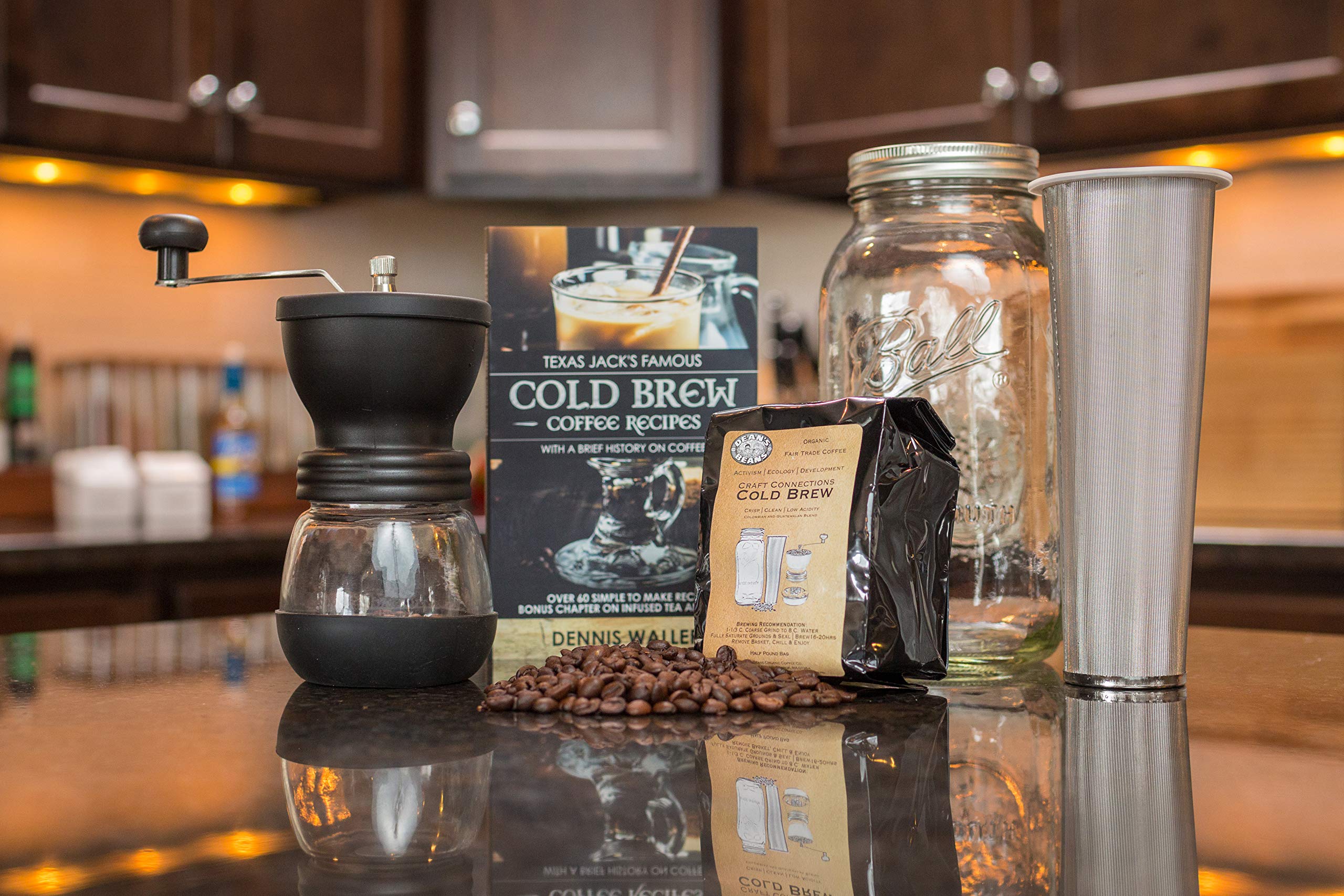Premium Cold Brew Coffee Maker Kit - Half Gallon Mason Jar, Stainless Steel Filter, Ceramic Burr Grinder | Organic Whole Bean Coffee & Recipe Book | Perfect for Home, Office & Camping Brewing