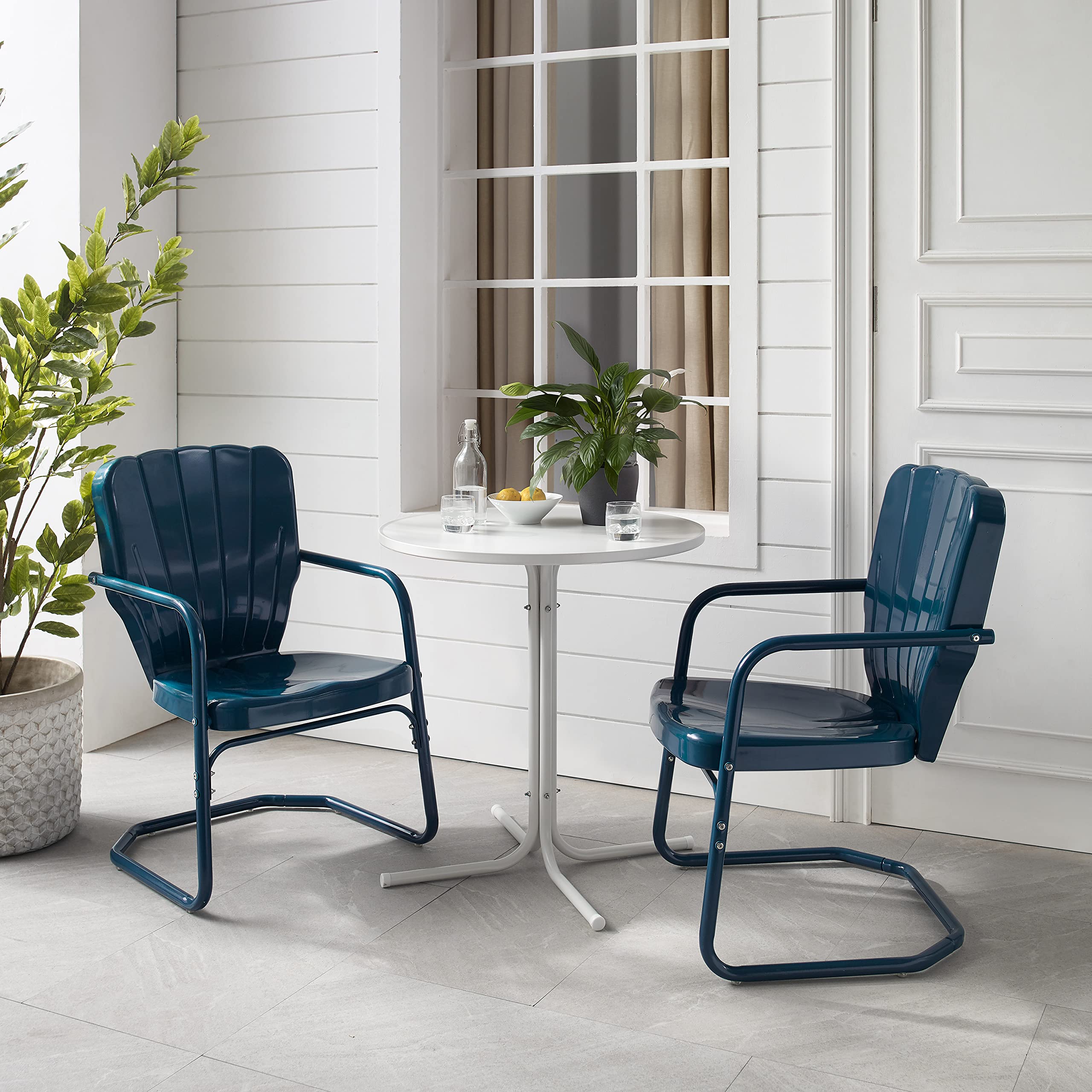 Crosley Furniture Ridgeland 3-Piece Outdoor Bistro Set - Retro Metal Patio Dining Table and Chairs for Garden, Porch, Deck - Navy Gloss Finish - Perfect for Small Spaces & Al Fresco Dining