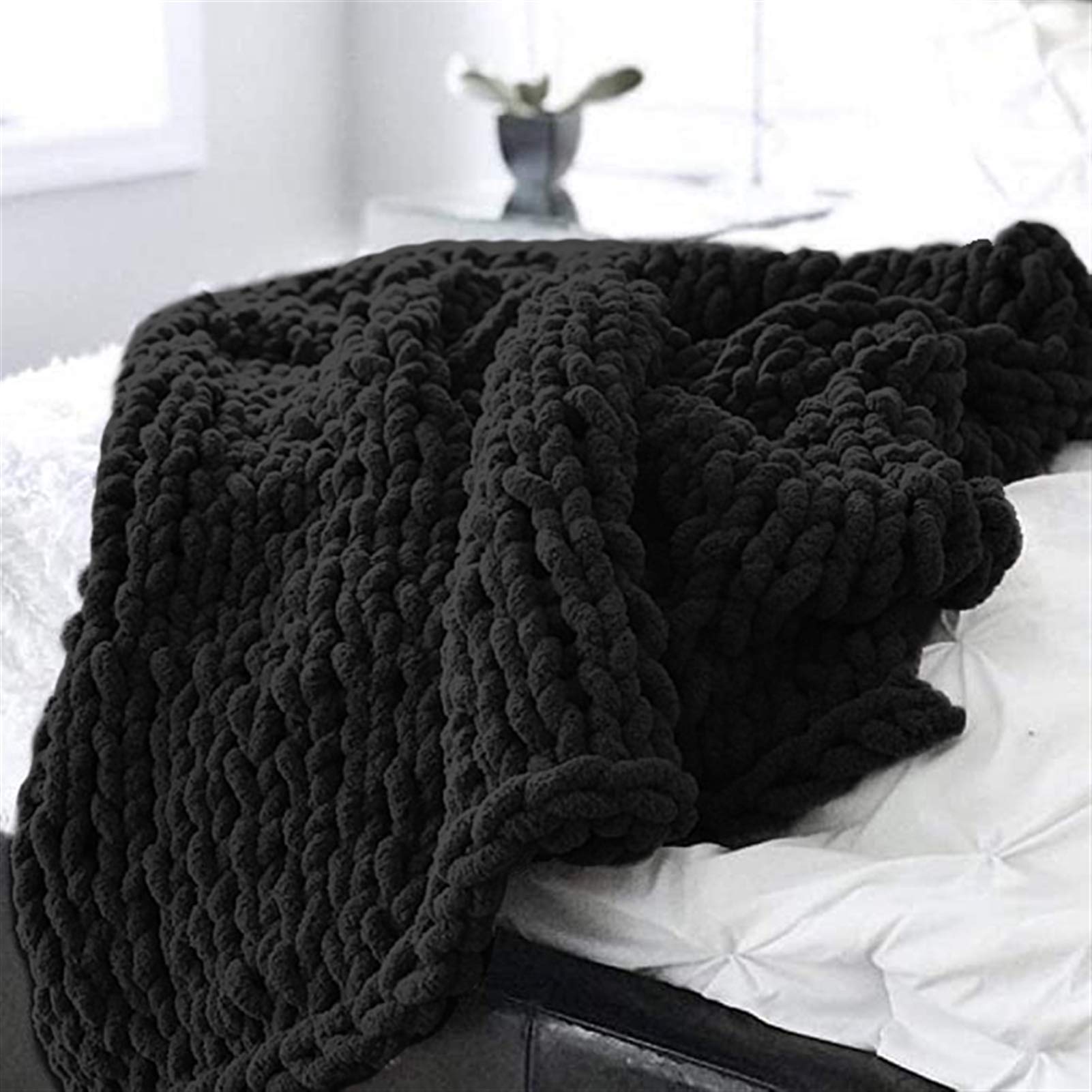 Luxury Chunky Knit Blanket - Soft Chenille Yarn Hand Knitted Plush Throw for Bed, Couch & Sofa - Machine Washable Cozy Home Decor - Black, 50.7