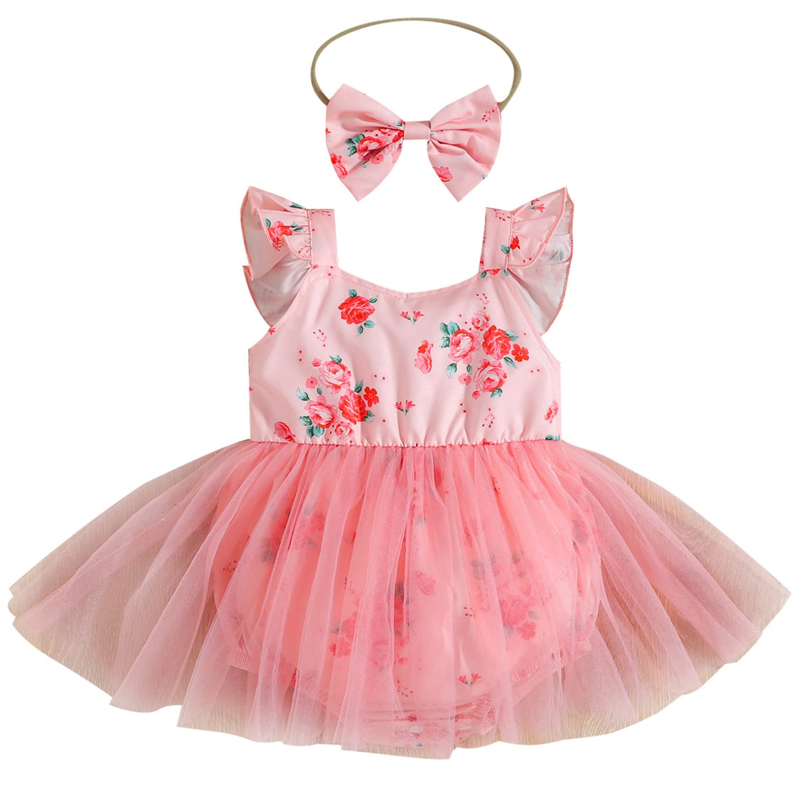 Vastwit Infant Baby Girls Flying Sleeve Floral Patchwork Mesh Tutu Dress Romper with Bowknot Headband - Cute Outfit for Photoshoot, Birthday Party & Special Occasions