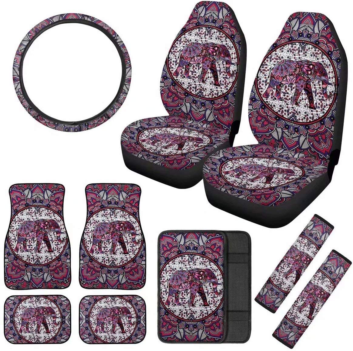 Boho Style Indian Elephant Design Car Seat Covers 10-Piece Set with Floor Mats, Armrest Cushion & Steering Wheel Cover - Universal Fit for Cars, Trucks & Sedans | Perfect for Road Trips, Daily Commute & Car Interior Protection