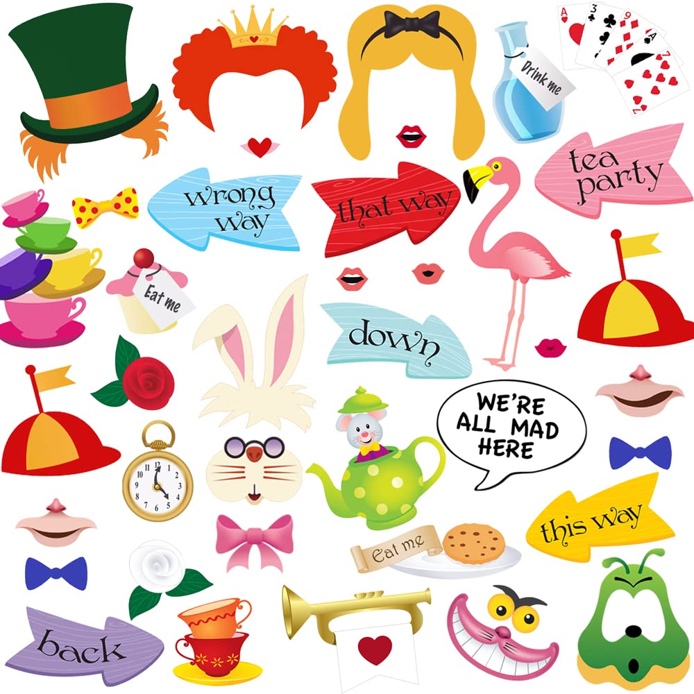 40pcs Alice in Wonderland Photo Booth Props & Party Decorations Set - Mad Hatter Tea Party Supplies for Wonderland Themed Birthday, Baby Shower & Costume Events