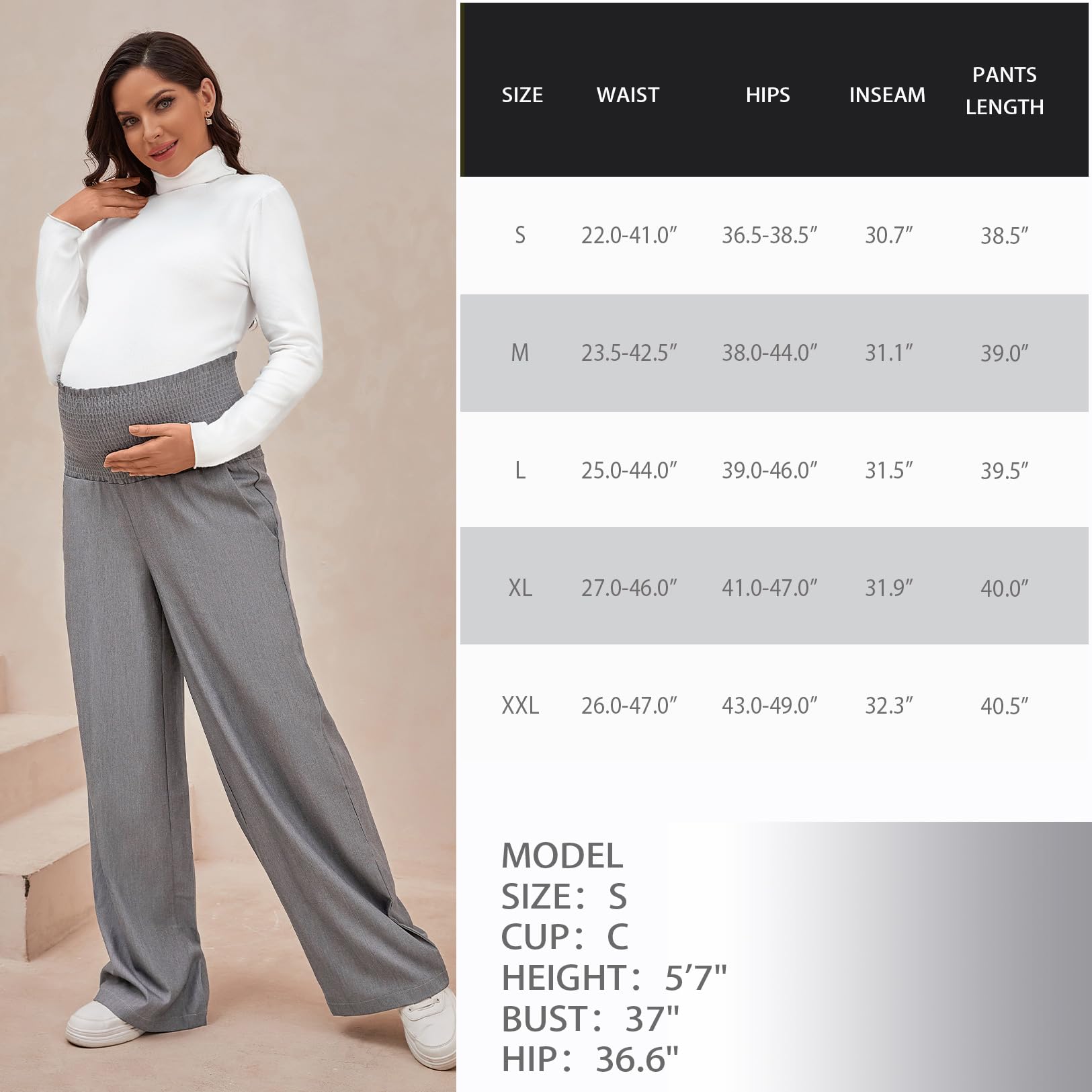 **Maternity Work Pants for Women - Wide Leg, Smocked Waist, Loose & Comfortable Pregnancy Pants - Perfect for Office, Casual Wear & Everyday Use**