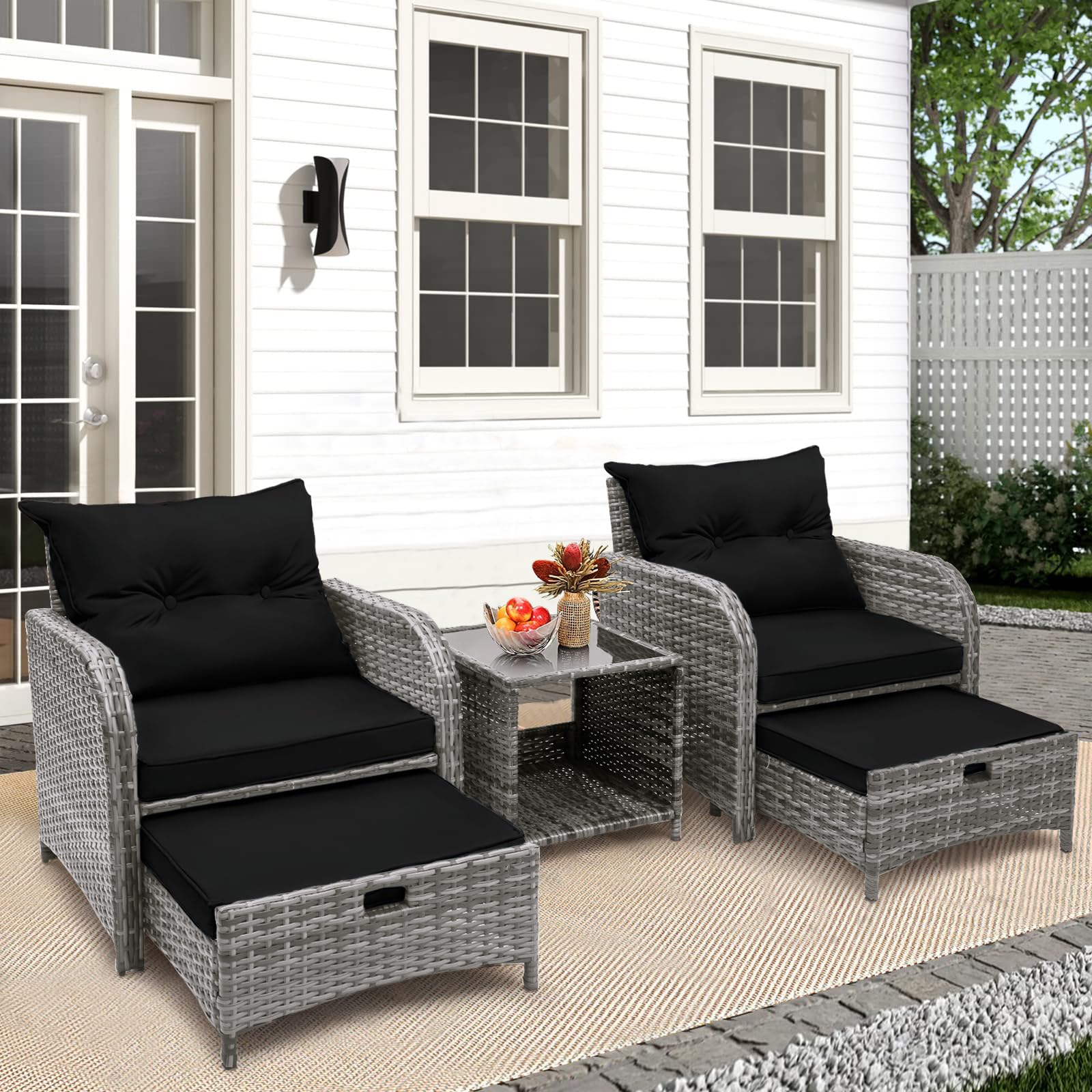 5-Piece PE Wicker Outdoor Patio Furniture Set with Ottoman & Side Table - All-Weather Rattan Chairs for Porch, Balcony, Sunroom - Perfect for Relaxing, Entertaining & Lounging (Black)