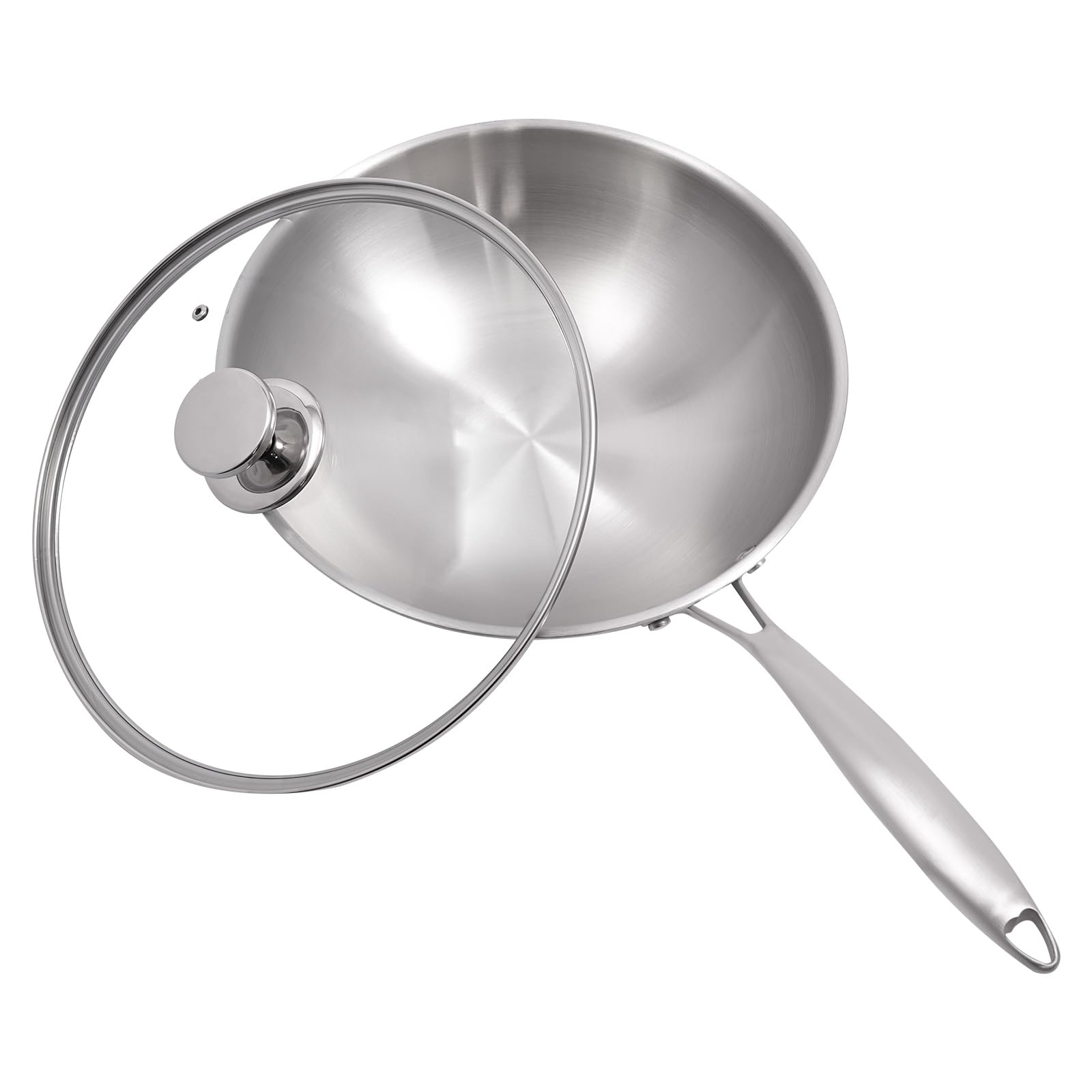 30cm Duoruameng Stainless Steel Induction Wok Pan with Tempered Glass Lid - Compatible with Gas & Induction, Easy to Clean - Perfect for Stir-Frying, Sautéing & Asian Cooking