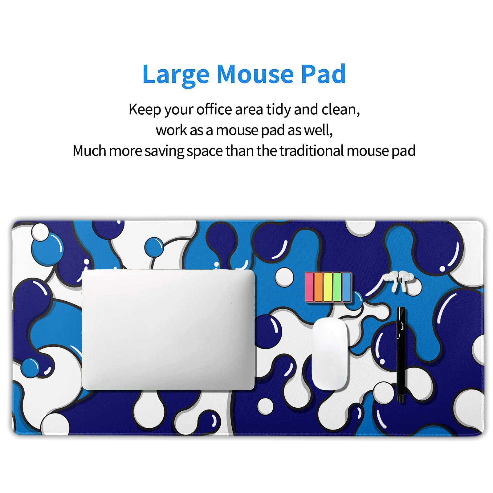 Anime Geometric Japanese Extended Gaming Mouse Pad - Navy Blue & White XXL Non-Slip Rubber Base (90x40cm/35.4x15.7in) with Stitched Edge - Perfect for Gaming, Laptop & Computer Desktop Workspace