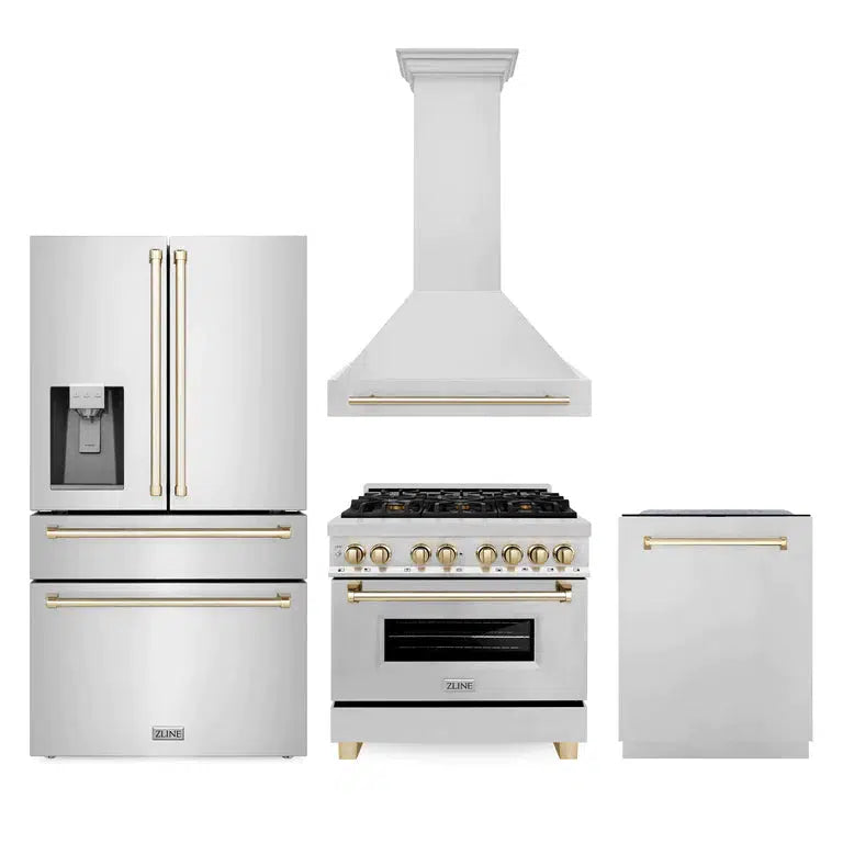 ZLINE Autograph Edition 36-inch Stainless Steel Dual Fuel Range Kitchen Package with Range Hood, Dishwasher & Refrigerator - External Water Dispenser & Polished Gold Accents (4AKPR RARHDWM36 G) | Premium Kitchen Appliances for Modern Homes & Professional Chefs