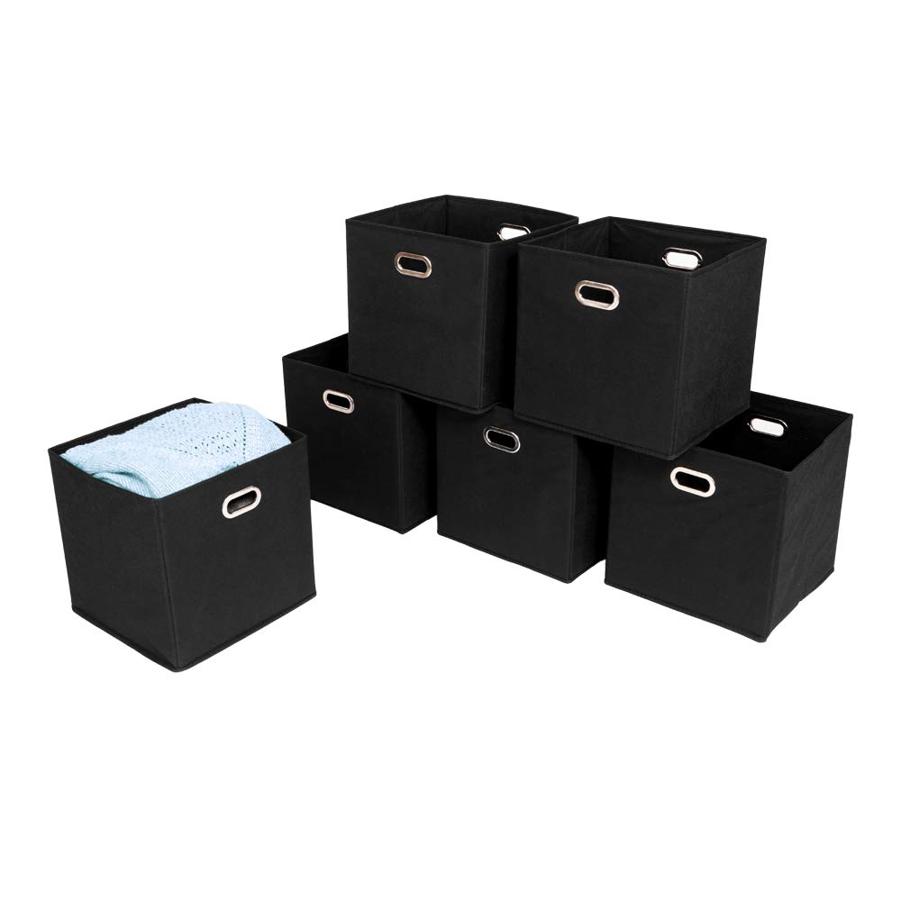Foldable Fabric Storage Bins Set of 6 - Black Cubby Organizer Bins with Handles for Closet, Nursery, Office & Home Organization (Multi-Purpose Storage Solution)