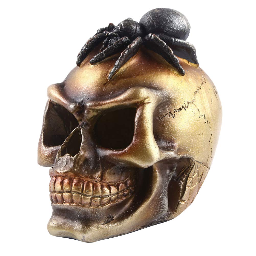 Scary Skull Head with Spider Ornament - Halloween Resin Tabletop Decor for Home, Office & Party | Golden Gothic Sculpture for Halloween Decorations, Spooky Party Centerpiece & Themed Events
