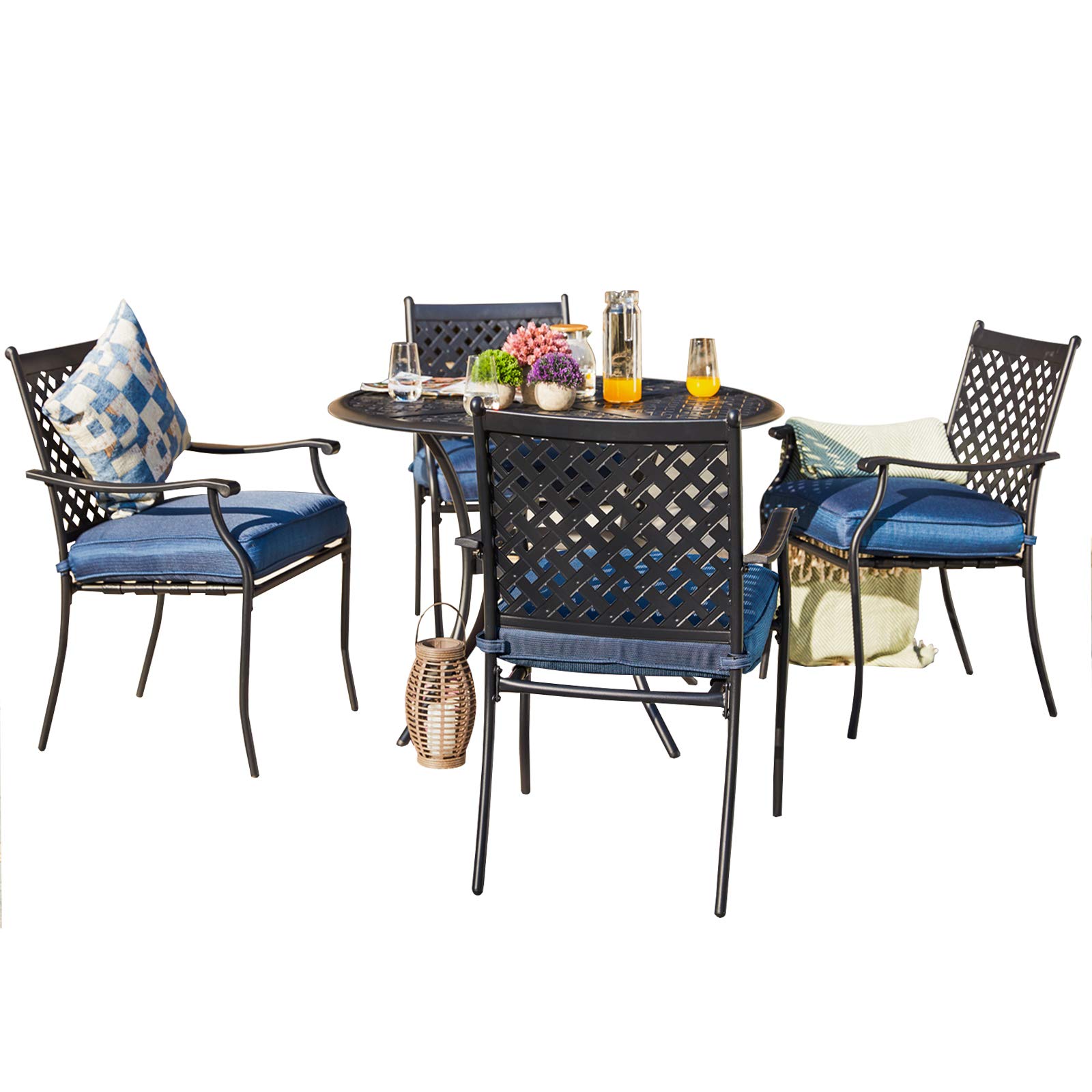 Romayard 5-Piece Outdoor Patio Dining Set with Cushioned Stackable Chairs - Blue Garden Conversation Furniture for Backyard, Deck, Poolside & Balcony