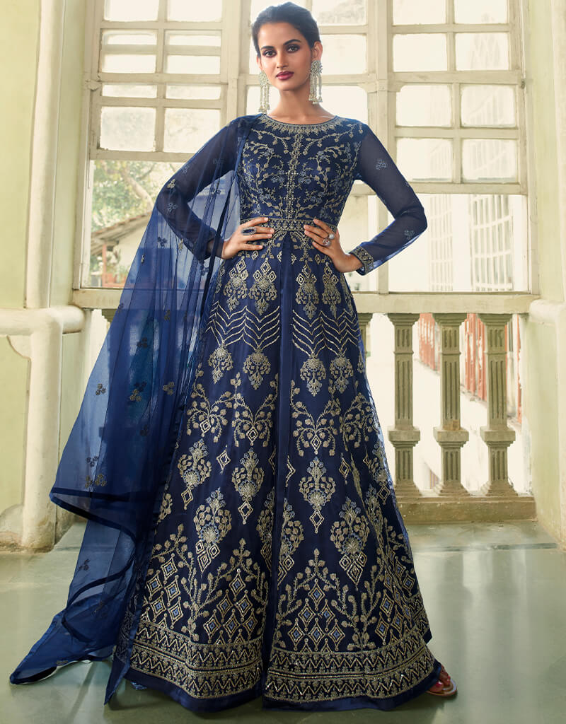 Elegant Blue Anarkali Style Gown Semi-Stitched Suits for Women - Perfect for Weddings, Parties & Festive Occasions