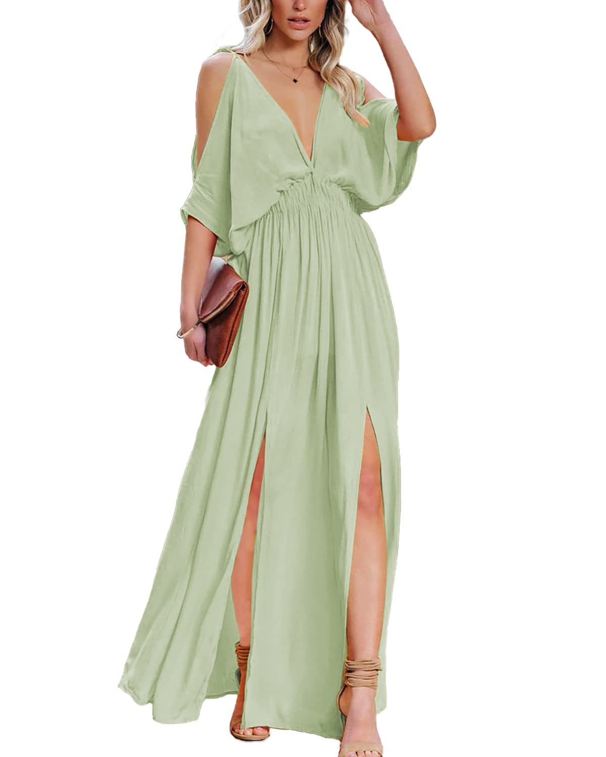 DEEP SELF Women's Summer V-Neck Cold Shoulder Short Sleeve Maxi Dress - High Waist Split Wedding Guest Long Dress for Beach Vacation, Party & Special Occasions