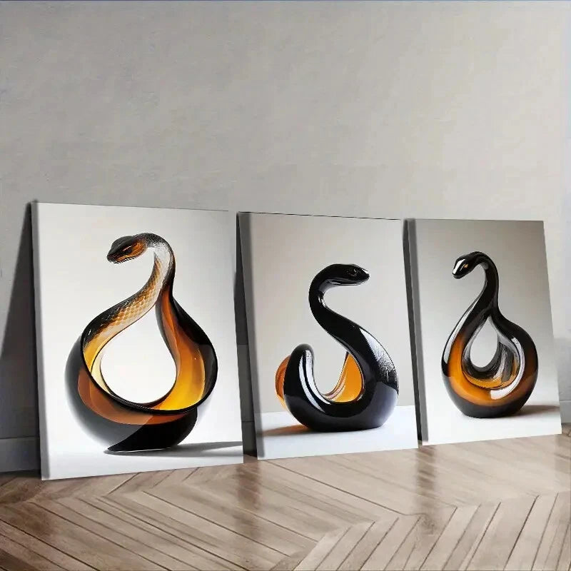 3-Piece Snake Glass Sculpture Circular Wall Art Set - Framed Canvas 40x60cm - High Quality Print - 100% Australian Made - Ready to Hang - Perfect for Living Room, Bedroom & Office Decor