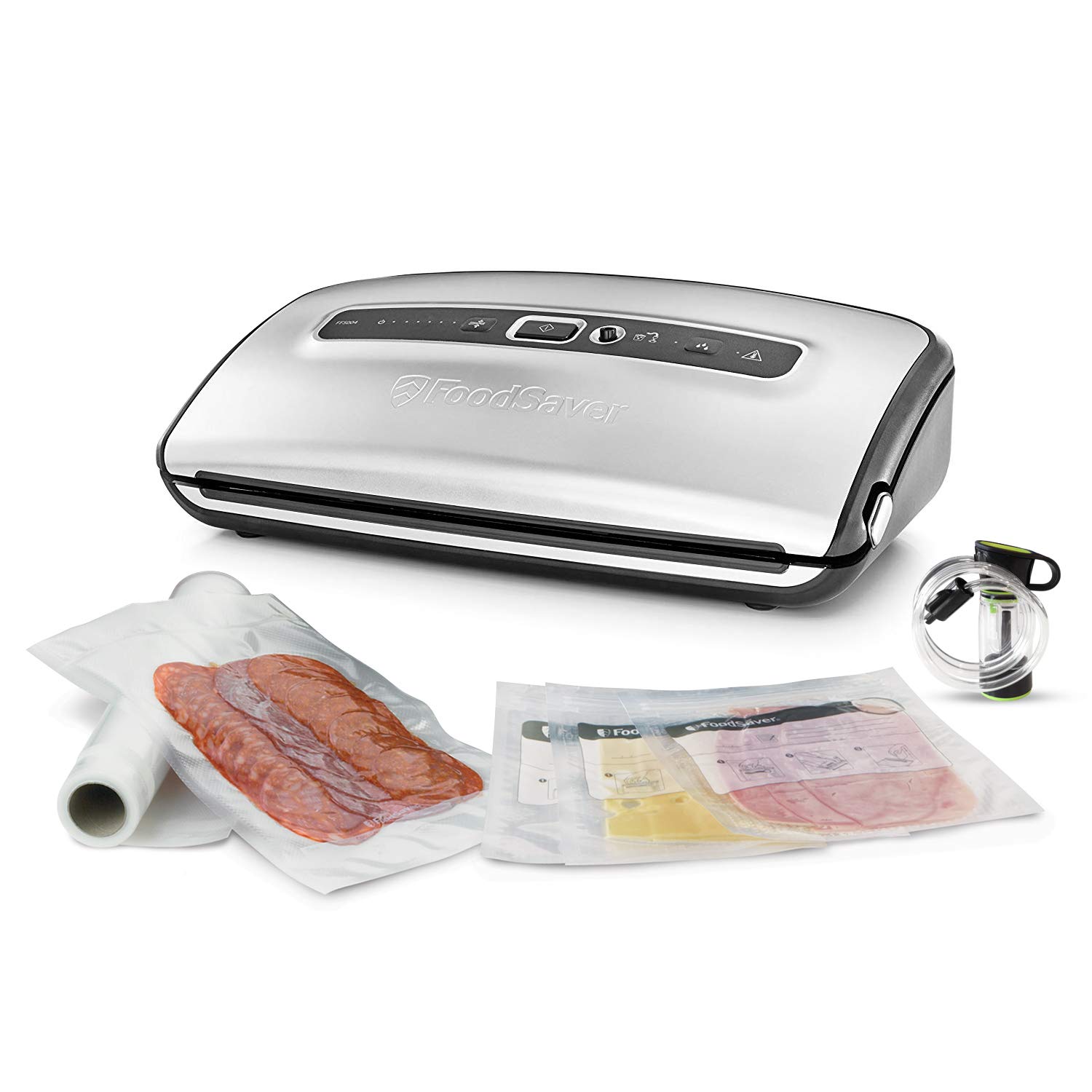 FoodSaver FFS016X Vacuum Sealer Machine for Dry and Wet Food - Built-in Cutter, Roll Holder, Automatic Sealing with Suction Function - Includes Tube Adapter & Accessories - Perfect for Meal Prep, Sous Vide, and Food Storage (Silver)