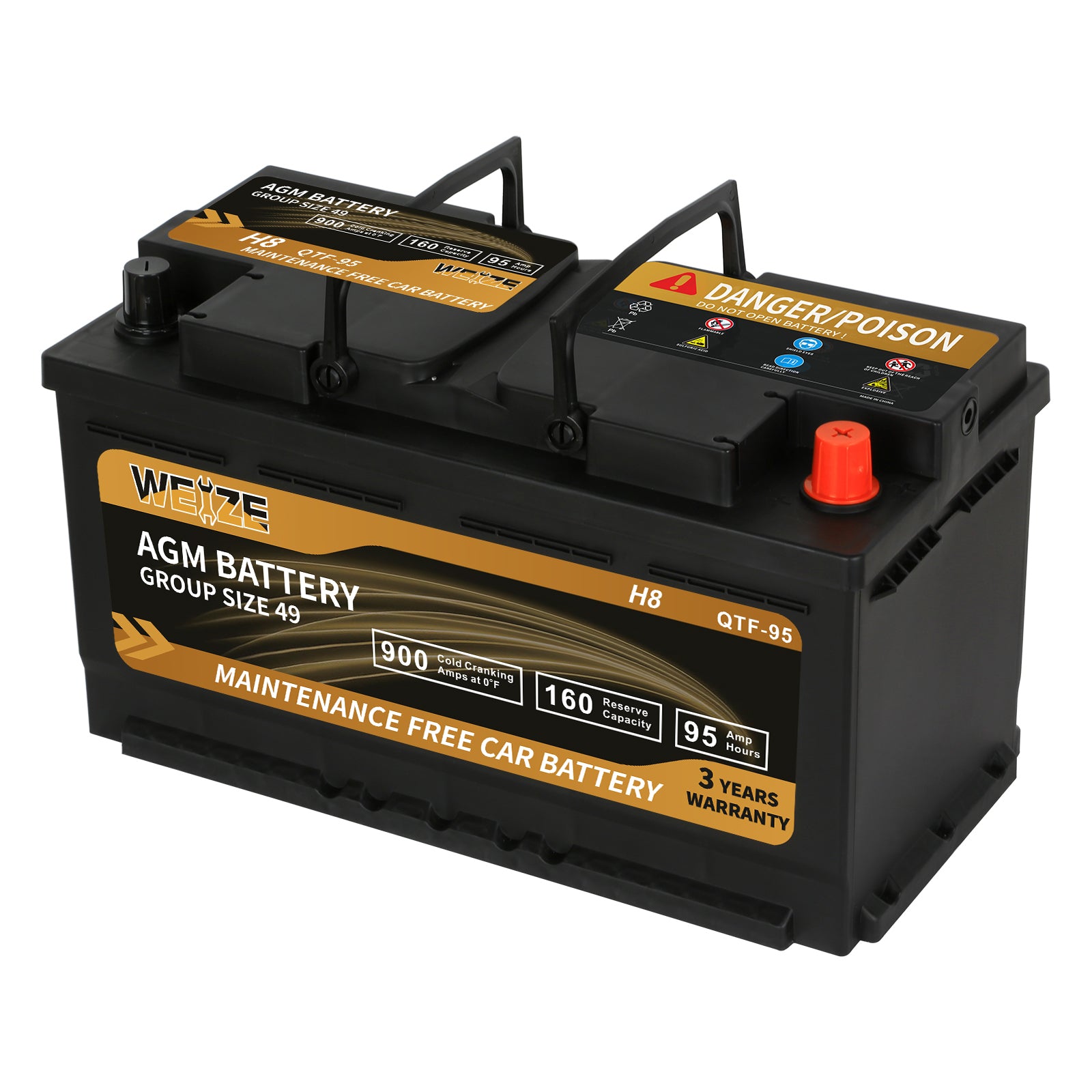 WEIZE Wise Series Group 49 AGM Car Battery 12V 95Ah H8 - High Performance Automotive Replacement Battery for Trucks, SUVs & RVs | Cold Cranking Power & Long Lifespan