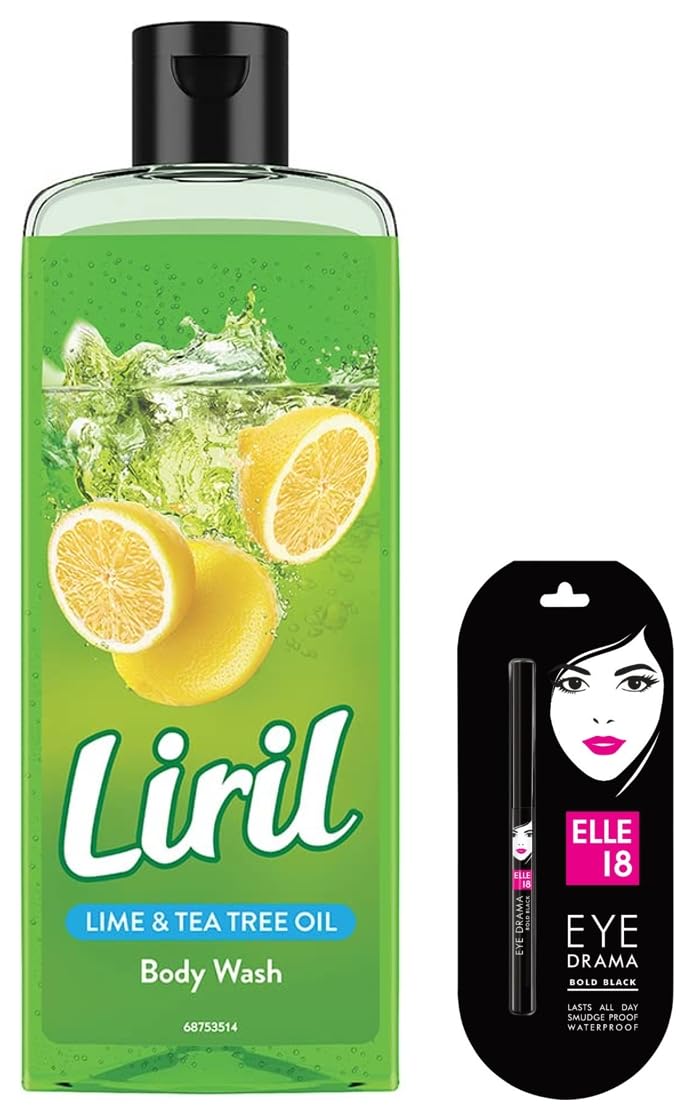 Elle 18 Matte Eye Drama Kajal - Bold Black 0.35g Waterproof Eyeliner & Liril Lemon Tea Tree Oil Body Wash 250ml - Long Lasting Makeup & Refreshing Shower Gel for Daily Beauty Routine