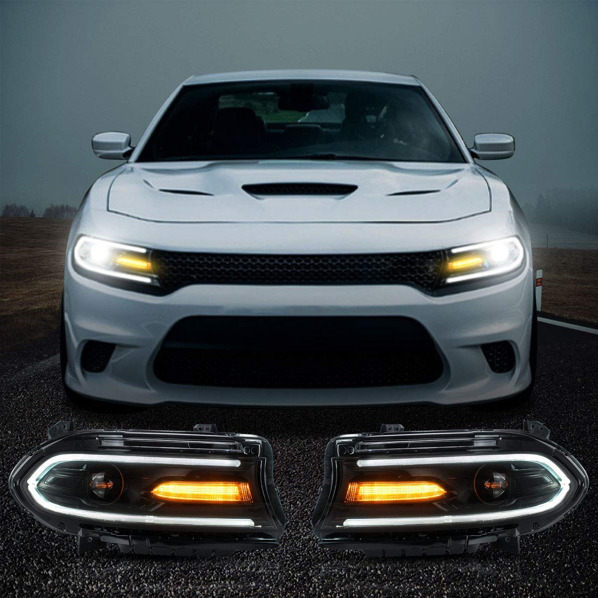 YUANZHENG LED Projector Headlights Assembly for Dodge Charger 2015-2019 - Dual Beam Lens with DRL - YAA-CHR-2033 - Upgrade Your Night Driving Safety & Style
