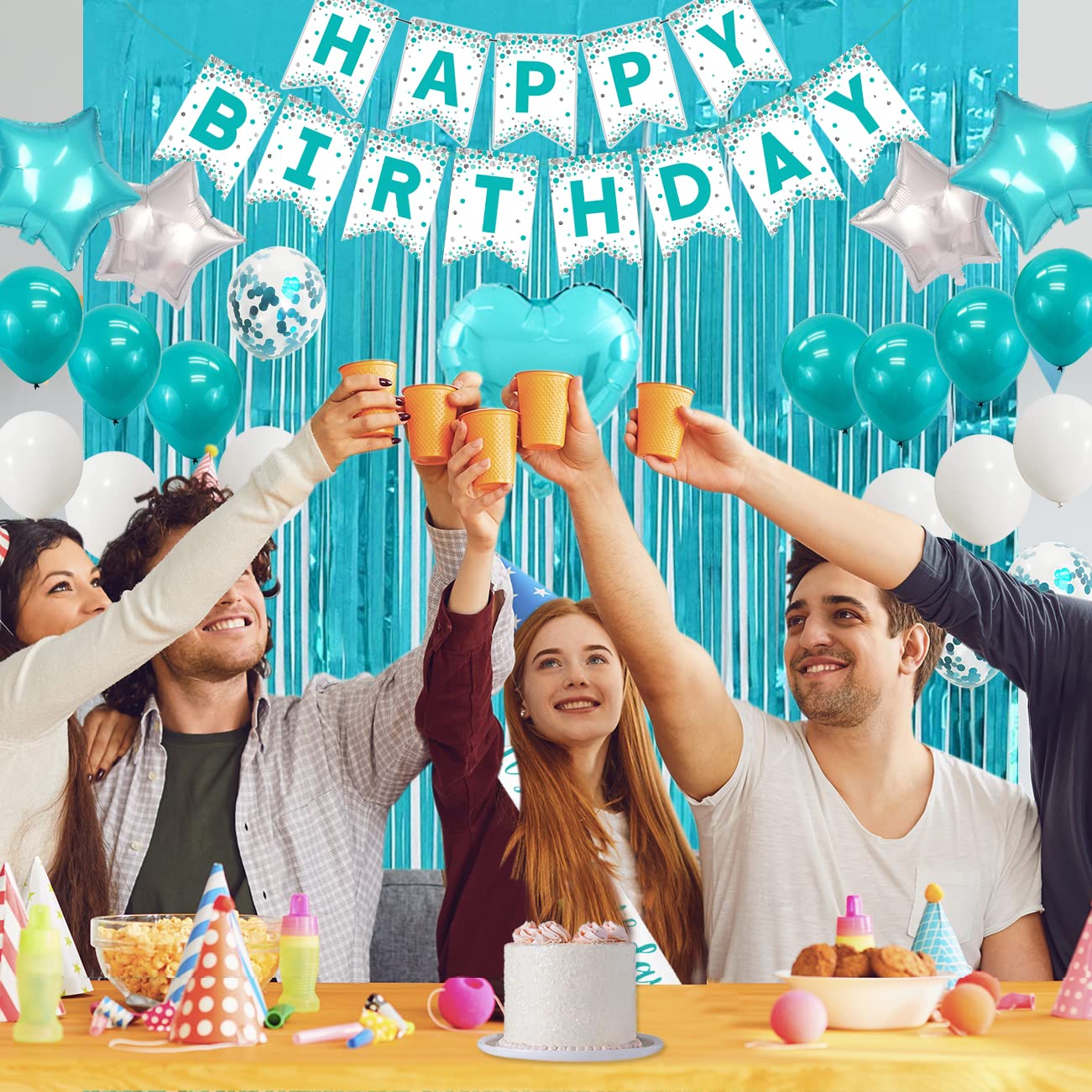 Teal Birthday Decorations for Girls - Happy Birthday Banner, Sash & Cake Topper Set, Turquoise Blue Metallic Tinsel Backdrop | Party Photo Booth Decor, Baby Shower, Gender Reveal Celebration