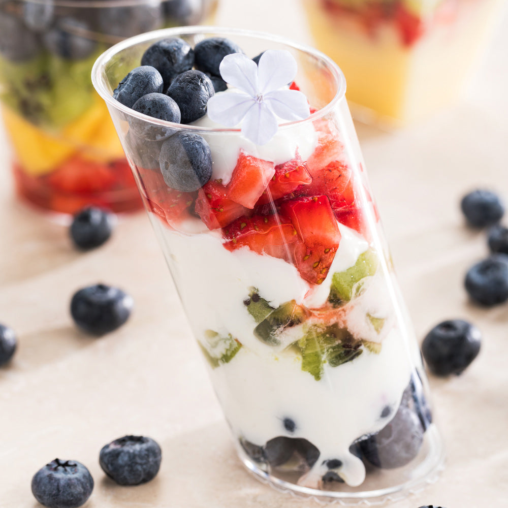 100 Pack 3 oz Clear Plastic Mini Slope Cups with 100 Silver Plastic Mini Spoons - Perfect for Parties, Events, and Dessert Serving