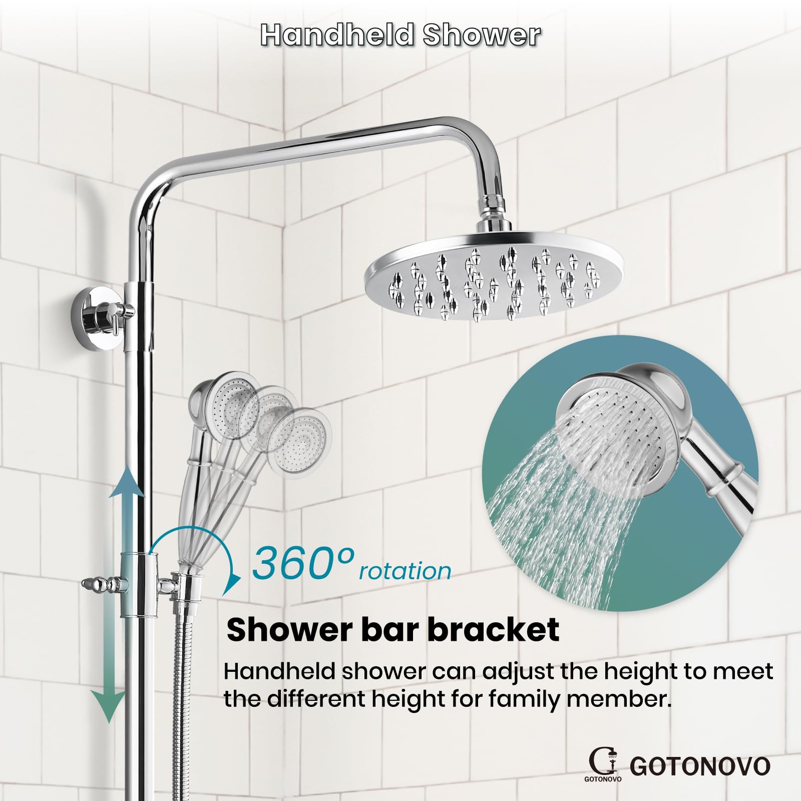 Gotonovo 8 Inch Exposed Shower Faucet Set - 3-Function Rainfall Showerhead with Tub Spout & Cross Handles - Polish Chrome Shower System for Bathroom Remodel & Luxury Spa Experience